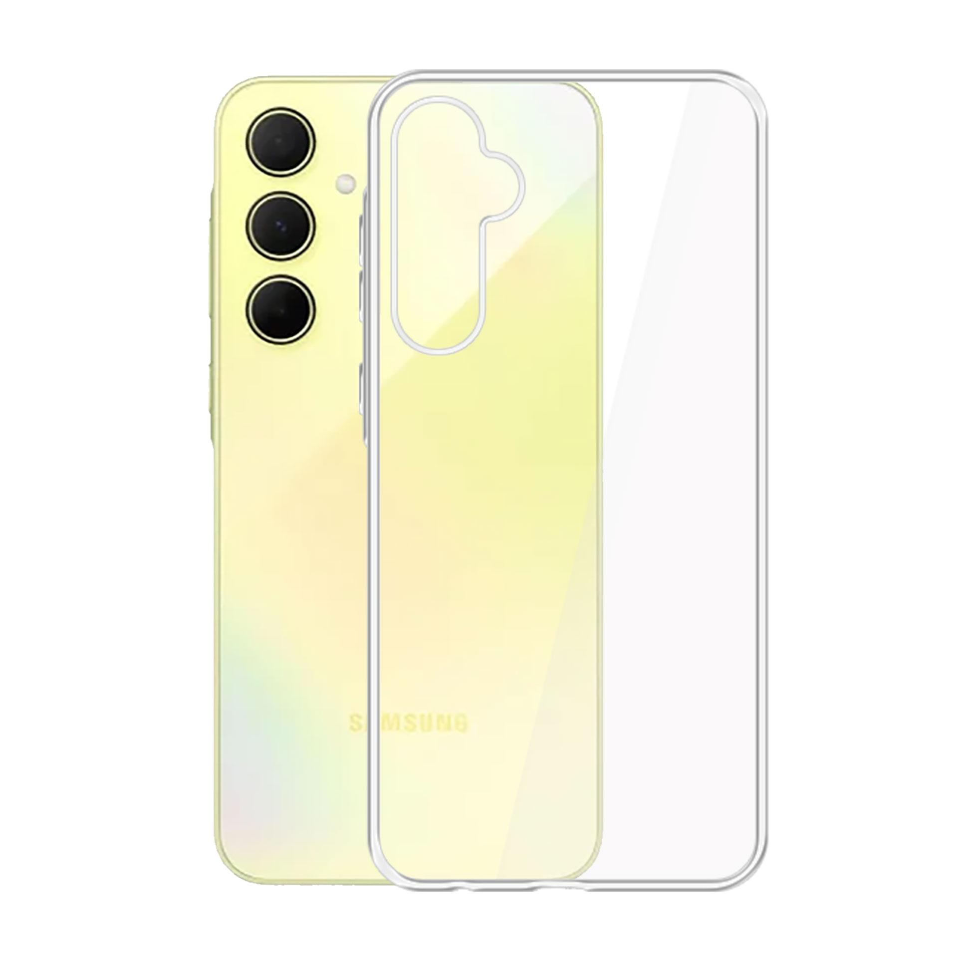 Żółty telefon Samsung wraz z przezroczystym etui, podkreślający ochronę, jednocześnie prezentując oryginalny kolor telefonu.