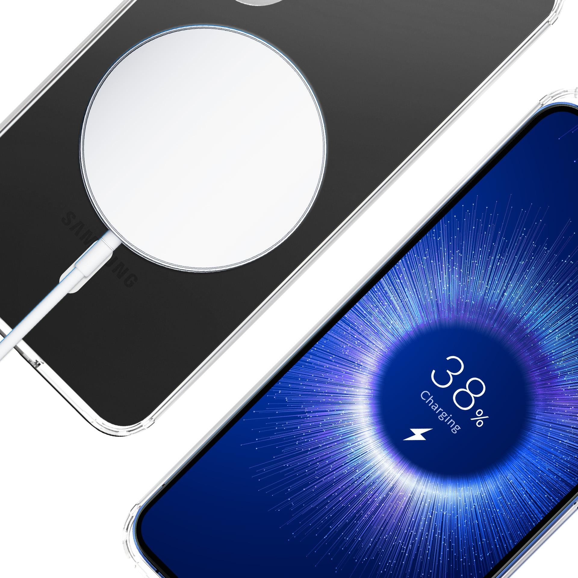 Telefon ładuje się bezprzewodowo, wyświetlając 38% na jasnym, radialnym niebieskim ekranie.