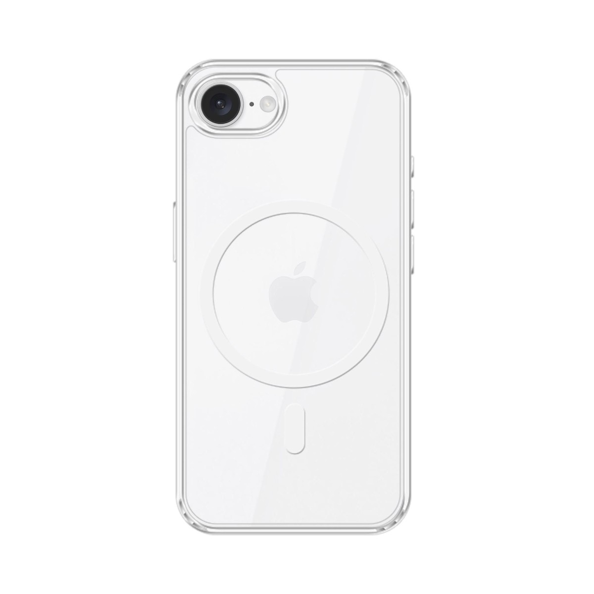 Una custodia trasparente per telefono con un anello MagSafe protegge un iPhone, evidenziando il logo Apple.