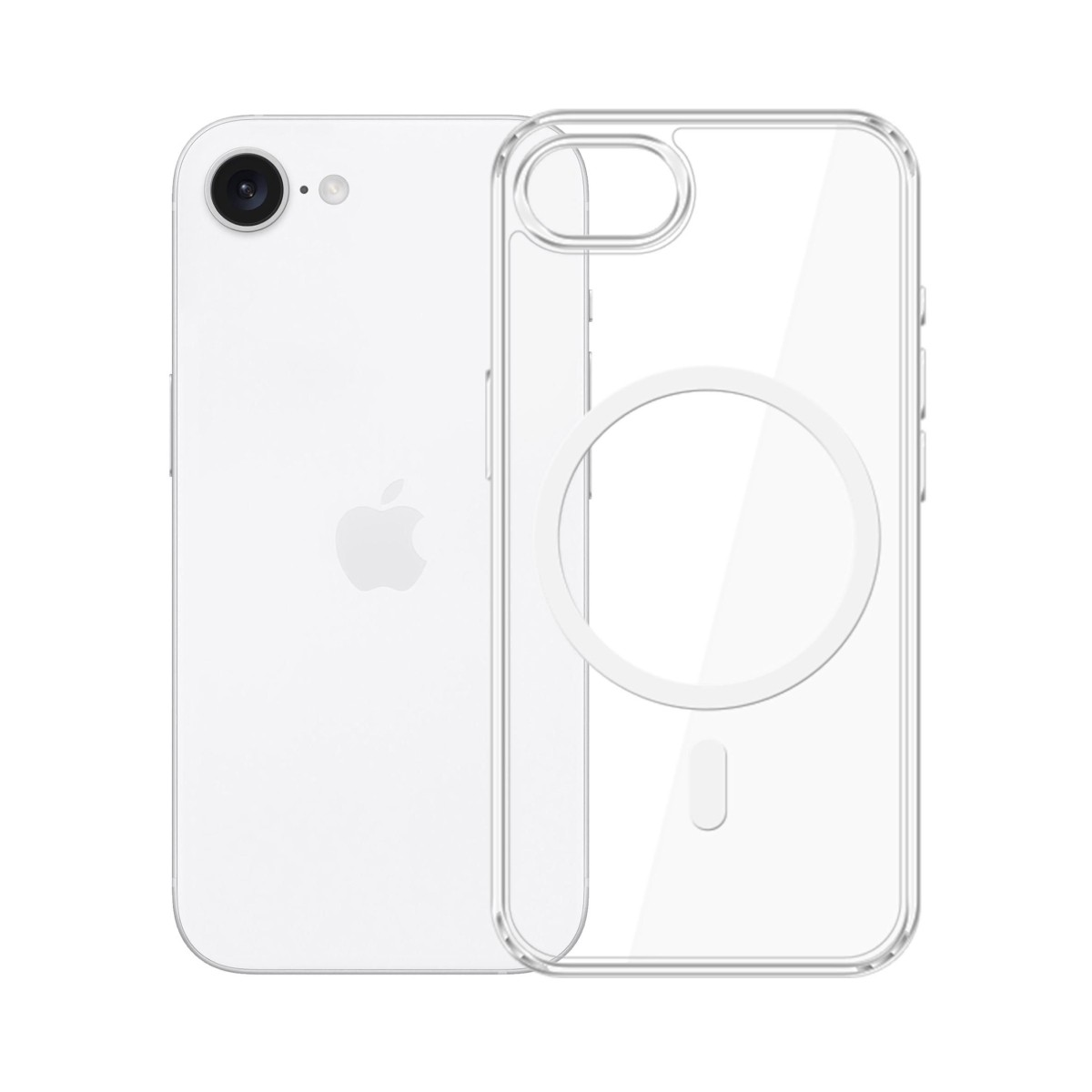 Viene visualizzato un iPhone con una custodia MagSafe trasparente, che combina protezione e design Apple.