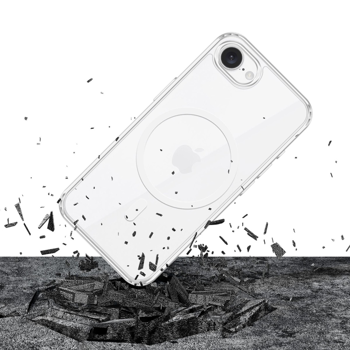 Un iPhone in una custodia MagSafe trasparente cade su una pietra rotta, mostrando le sue caratteristiche protettive.