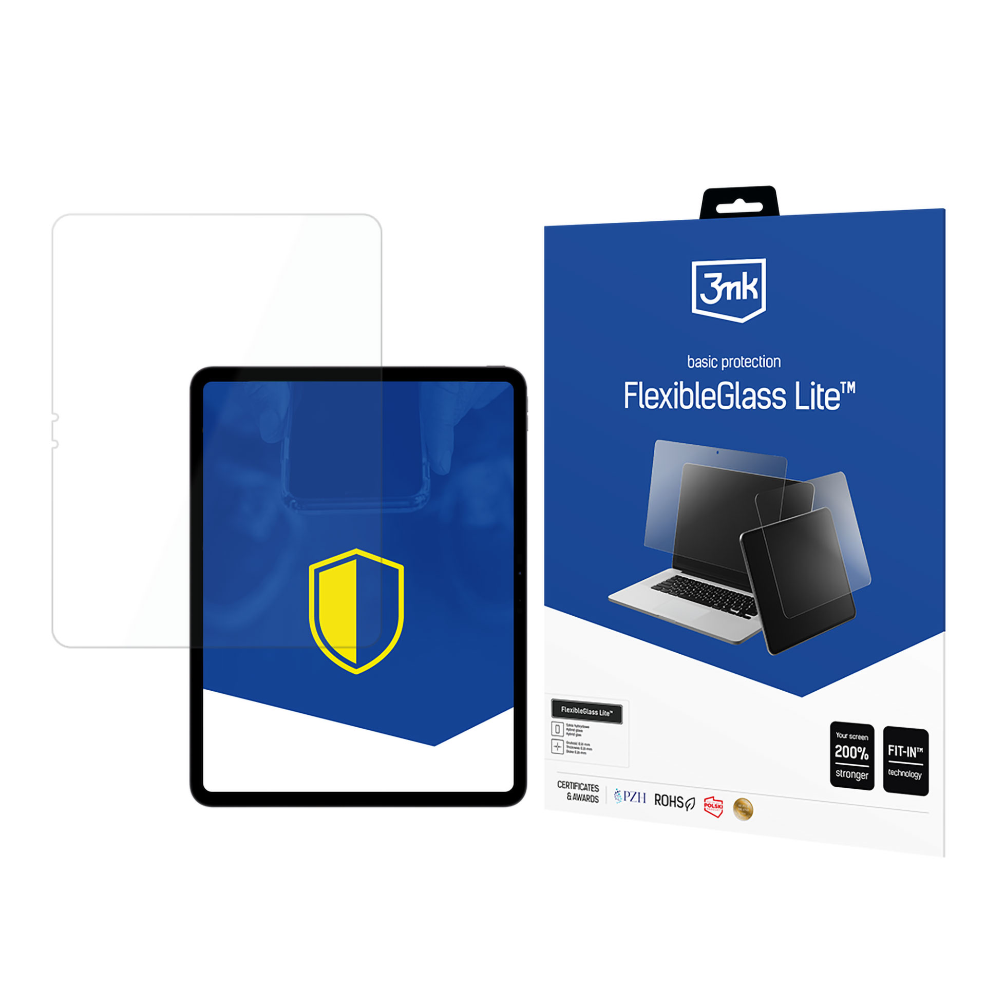Una protezione per lo schermo accanto alla sua confezione, con uno scudo e una grafica di un laptop su sfondo blu.