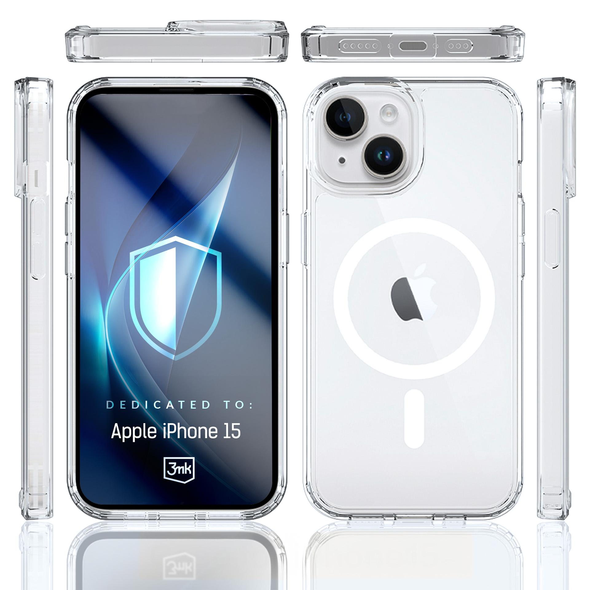 Przezroczyste etui na iPhone'a 15 są wyświetlane pod różnymi kątami, prezentując wygląd i ekran.