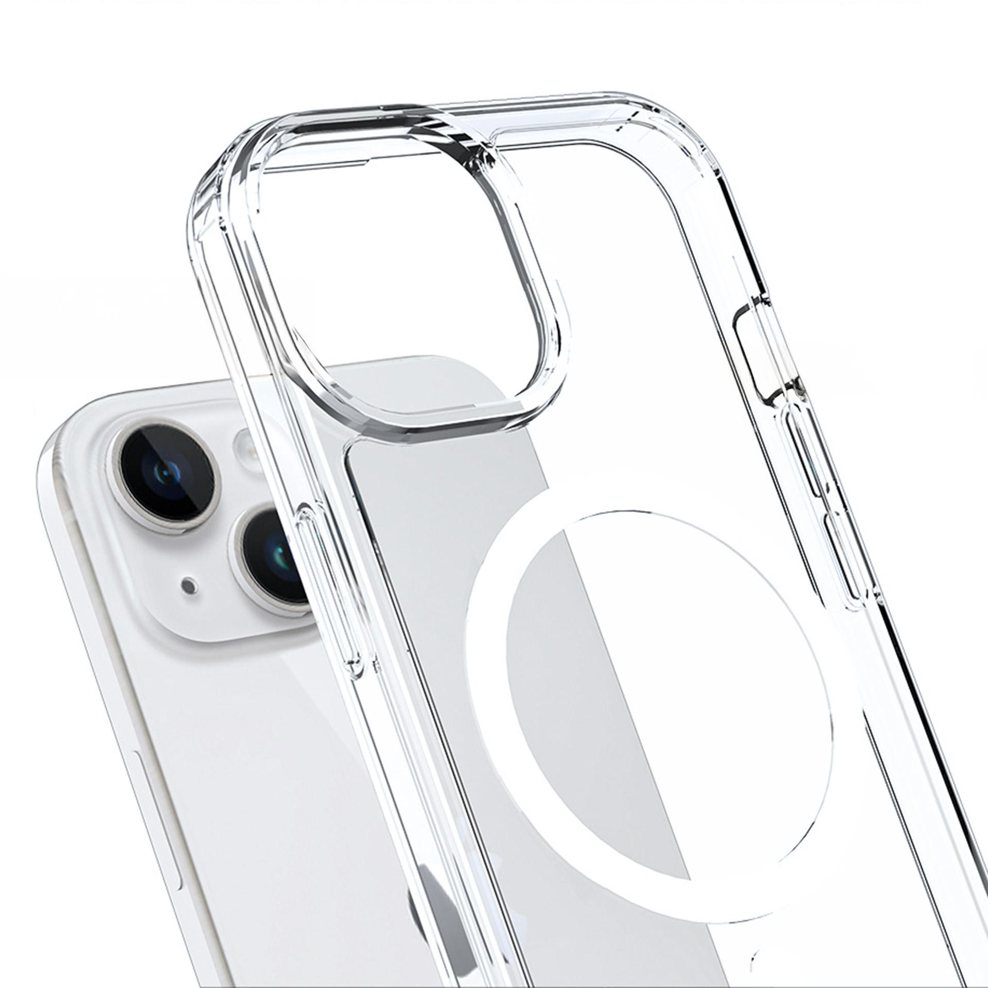 Przezroczyste etui na telefon na białym iPhonie pokazuje szczegóły aparatu i ładowania.