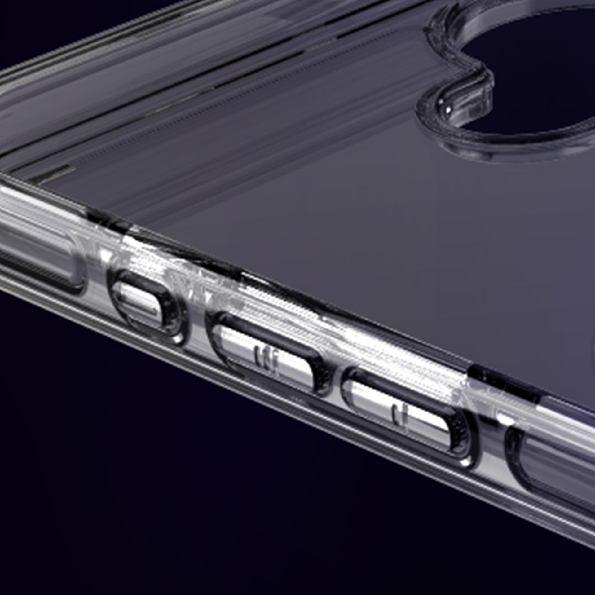 Zbliżenie przezroczystego etui na telefon, pokazującego przyciski i szczegóły projektu.