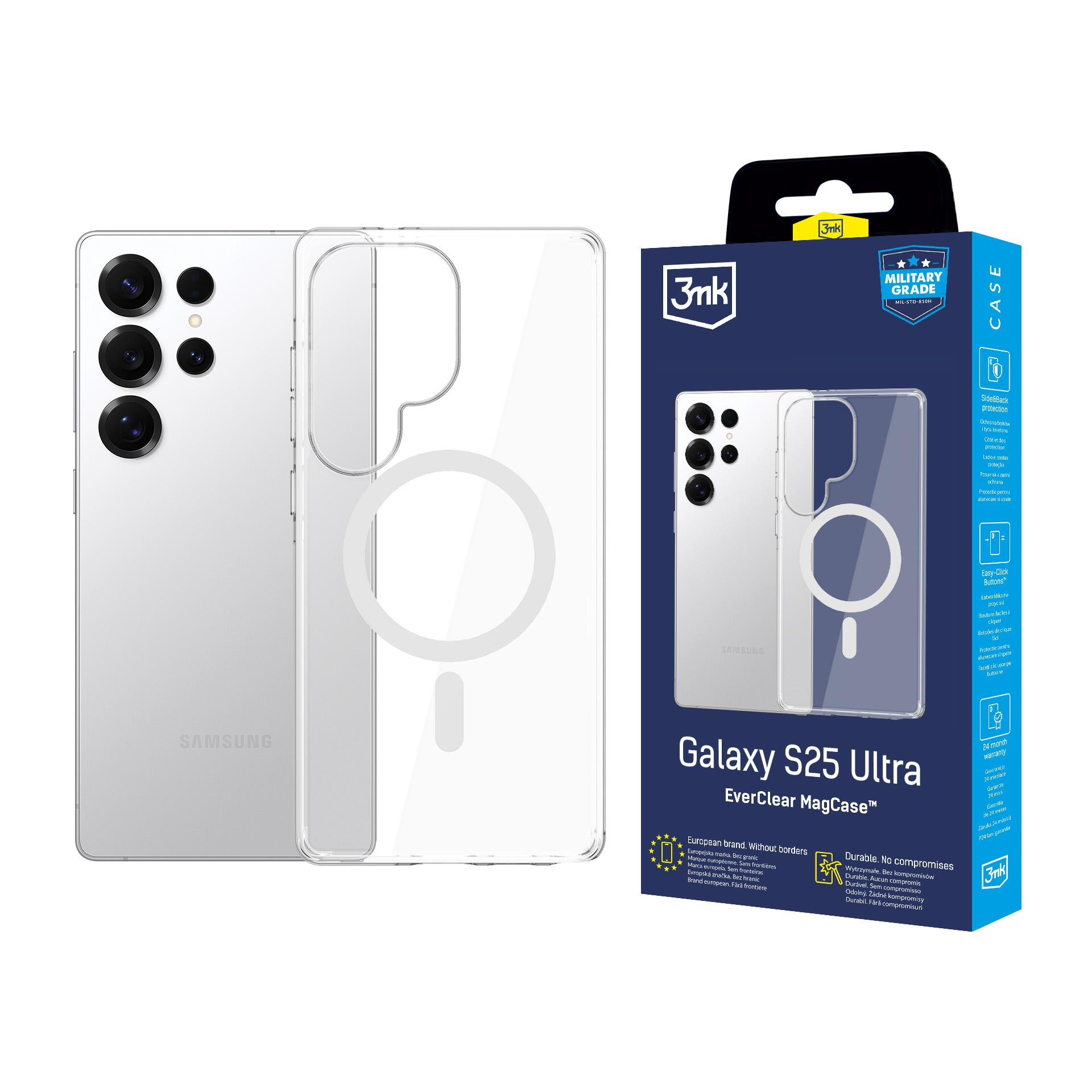 Biały smartfon z przezroczystym etui i białym pudełkiem, które pokazuje, że etui jest klasy wojskowej.