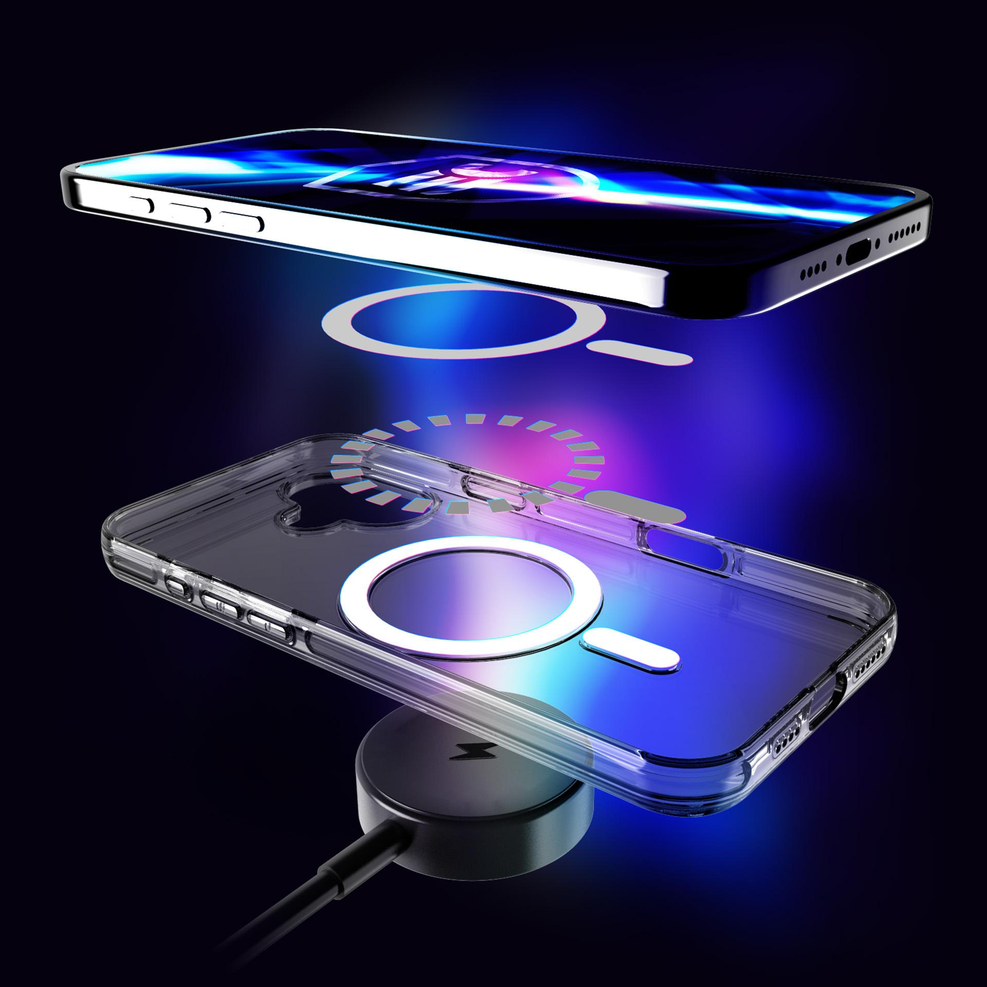 Telefon lewituje nad etui na ładowarce bezprzewodowej, podświetlony niebieskimi i fioletowymi efektami ładowania.
