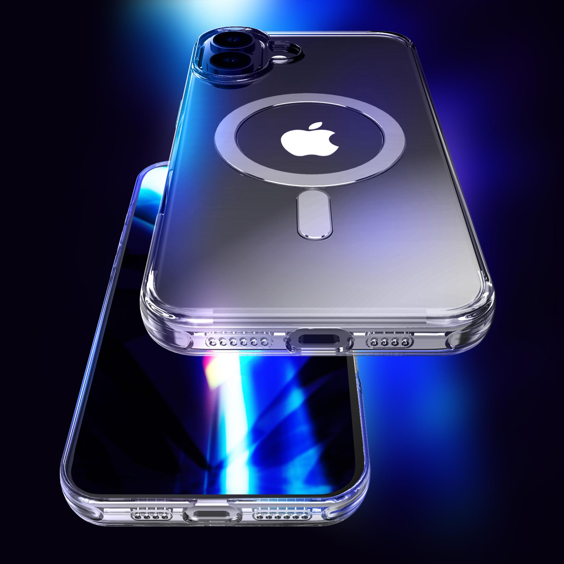 Przezroczyste etui z logo MagSafe, telefon i etui ustawione pod kątem na białym tle. Niebieskie światło podkreśla ekran.