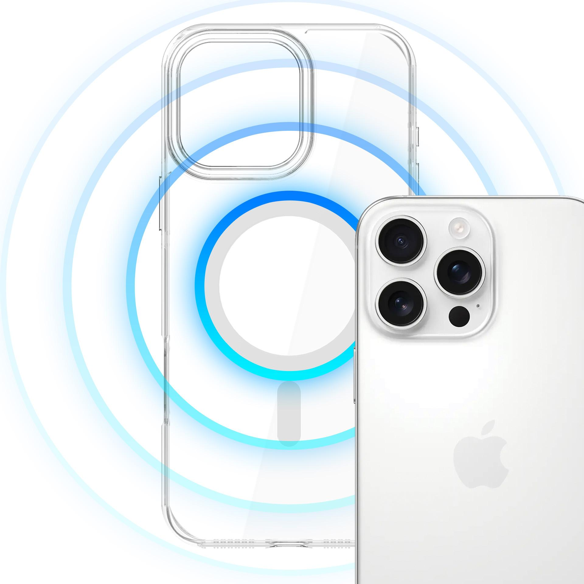 Przezroczyste etui na telefon z niebieskim pierścieniem MagSafe znajduje się obok białego smartfona z trzema obiektywami aparatu.