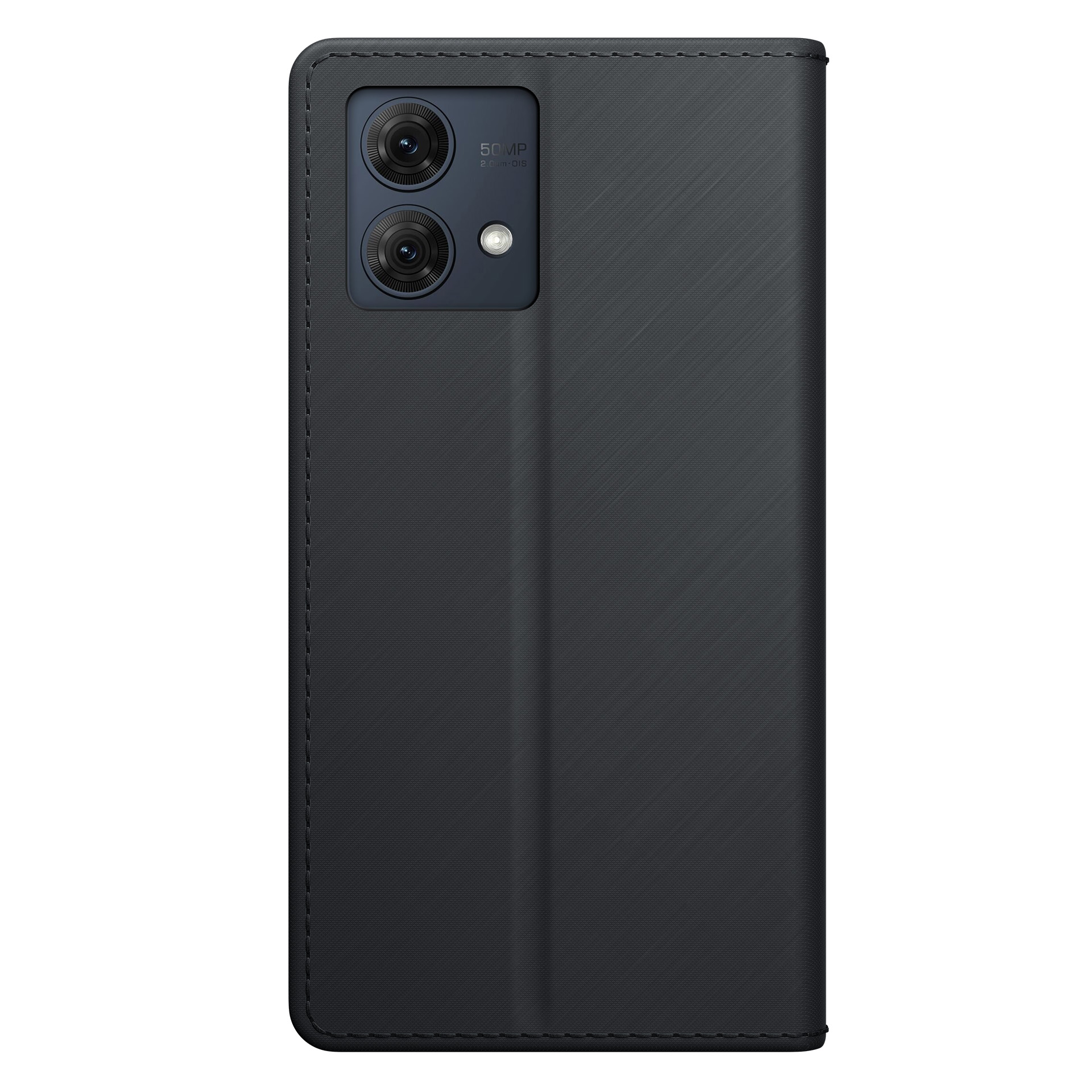 Zamknięte czarne etui na telefon z portfelem pokazuje obiektywy aparatu na białym tle.