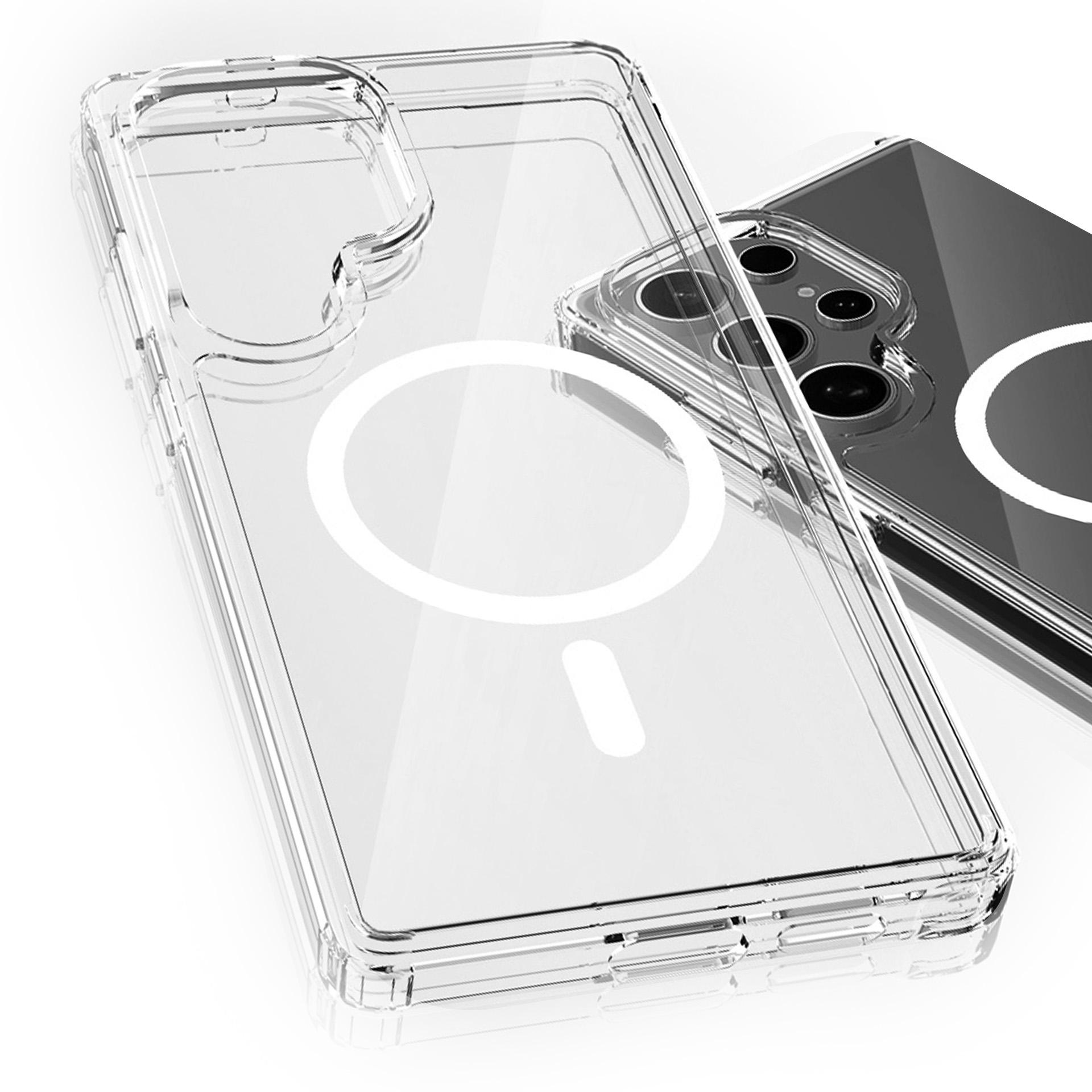 Zbliżenie przezroczystego etui na telefon obok telefonu, z podkreśleniem projektu MagSafe i przezroczystego materiału.