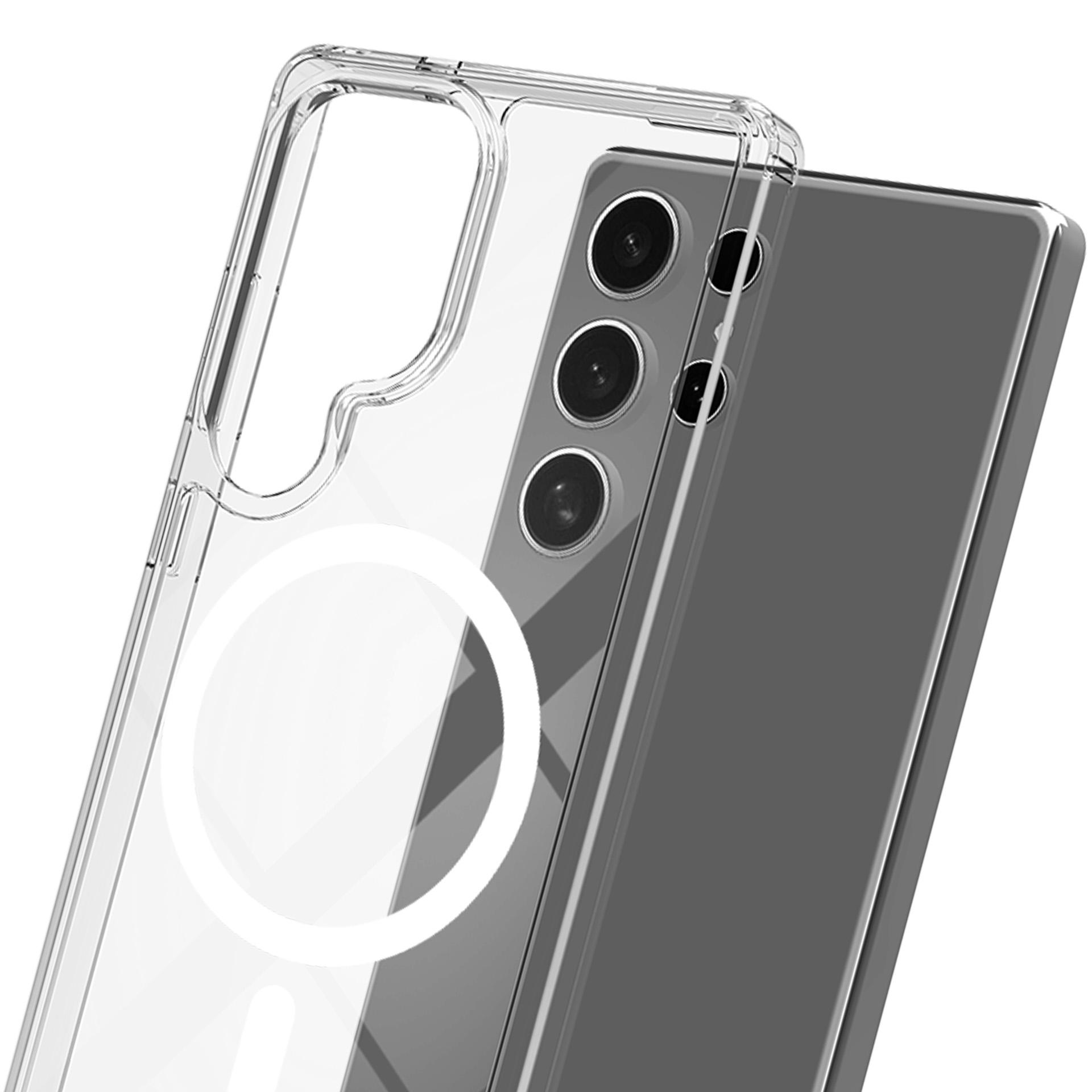 Przezroczyste etui na telefon z kompatybilnością MagSafe obok telefonu z potrójnymi aparatami. Samsung S24 Ultra.