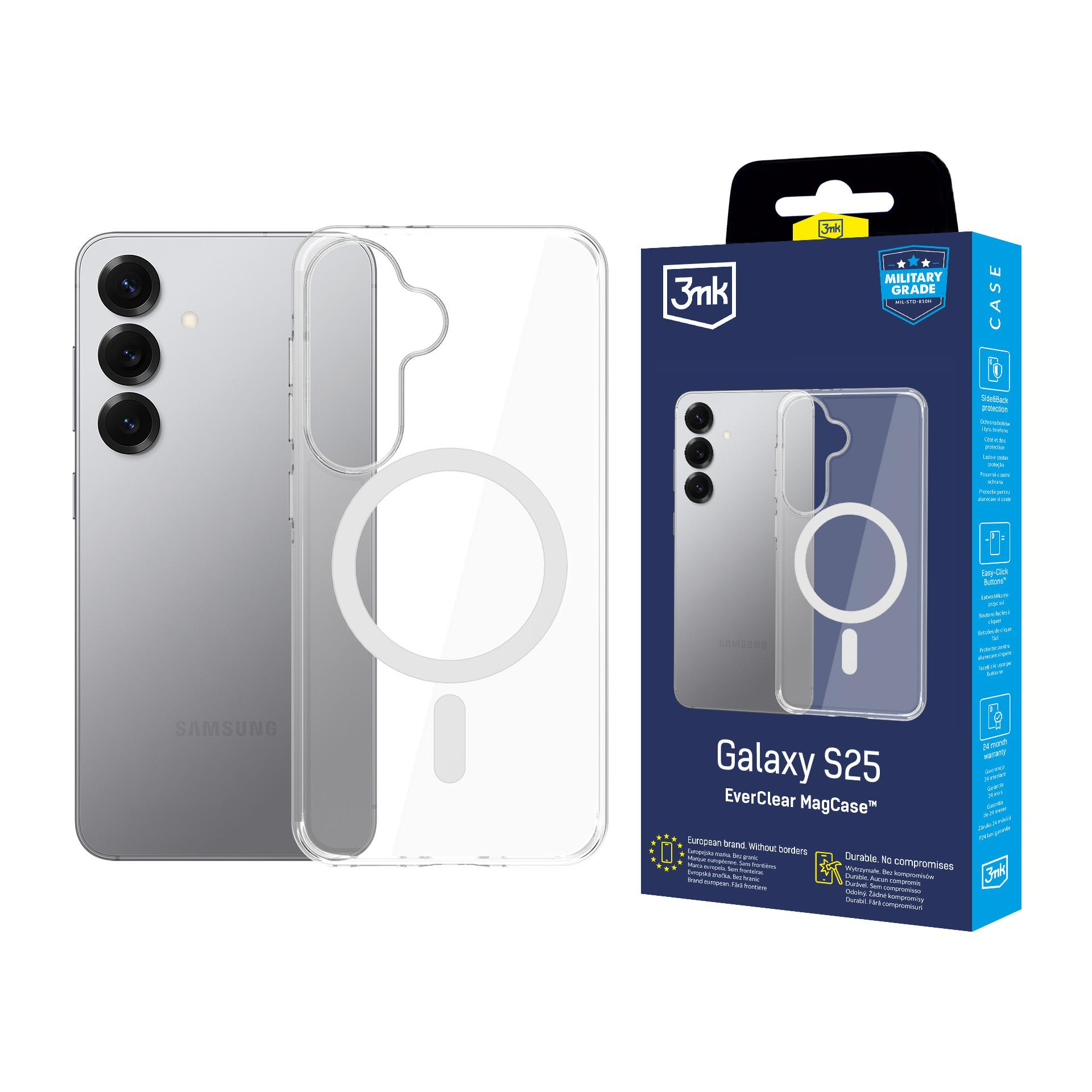 Srebrny telefon Samsung z przezroczystym etui i pudełkiem. Telefon jest w etui.