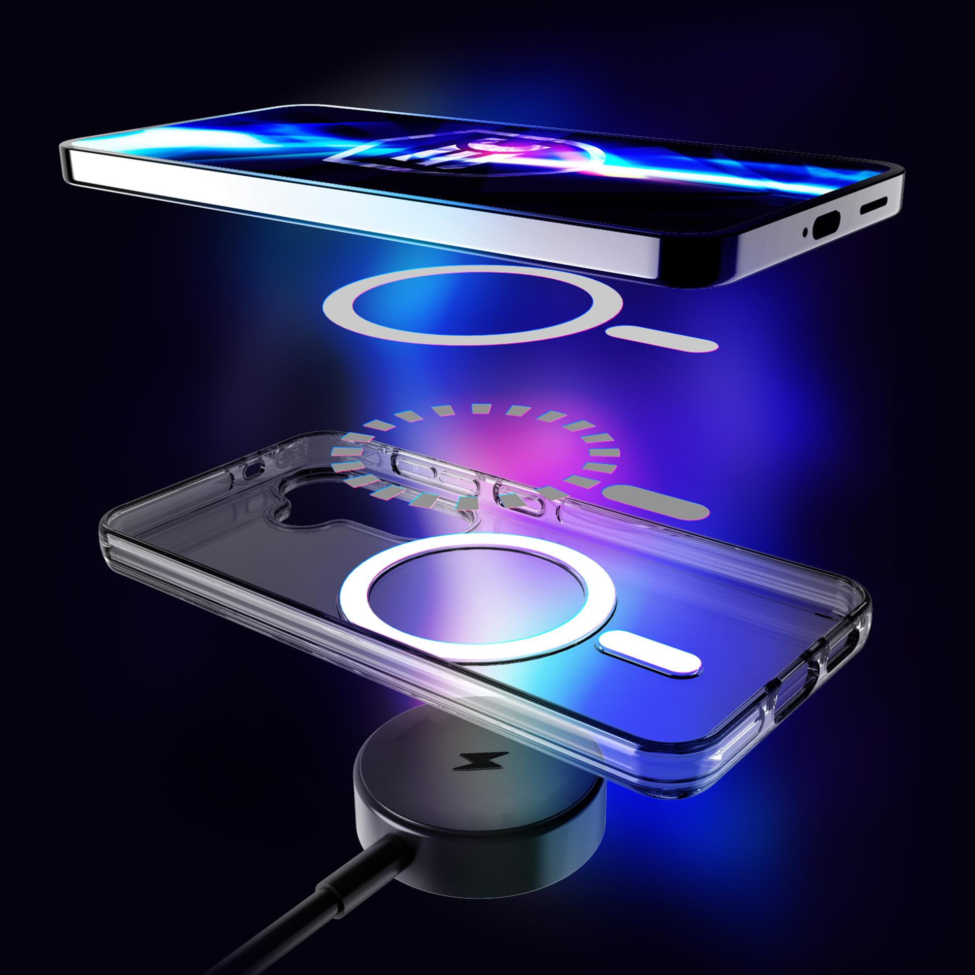 Telefon na podkładce ładującej z przezroczystym etui. Etui świeci i pokazuje ładowanie.