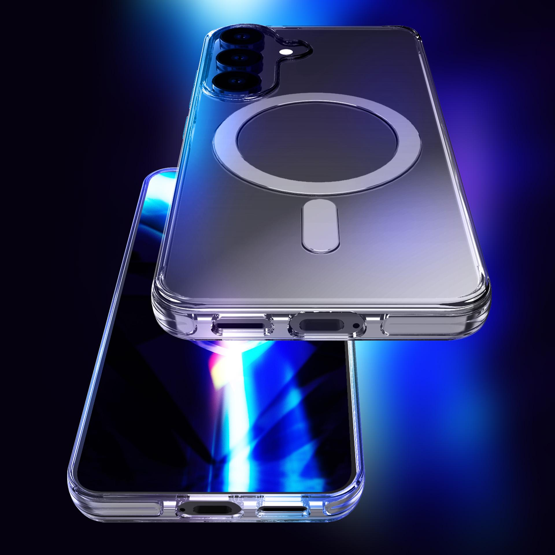 Srebrny telefon z przezroczystym etui. Etui telefonu wydaje się świecić na niebiesko.