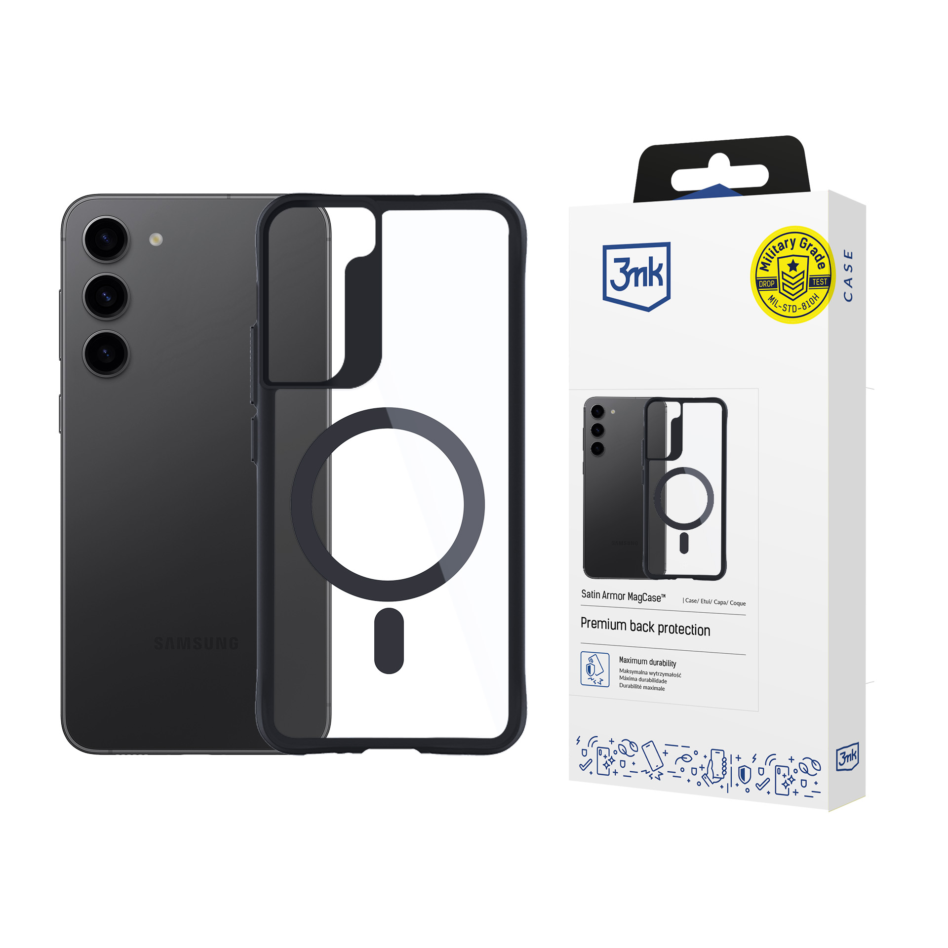 Czarny telefon Samsung z czarnym i przezroczystym etui oraz pudełkiem. Telefon w etui.