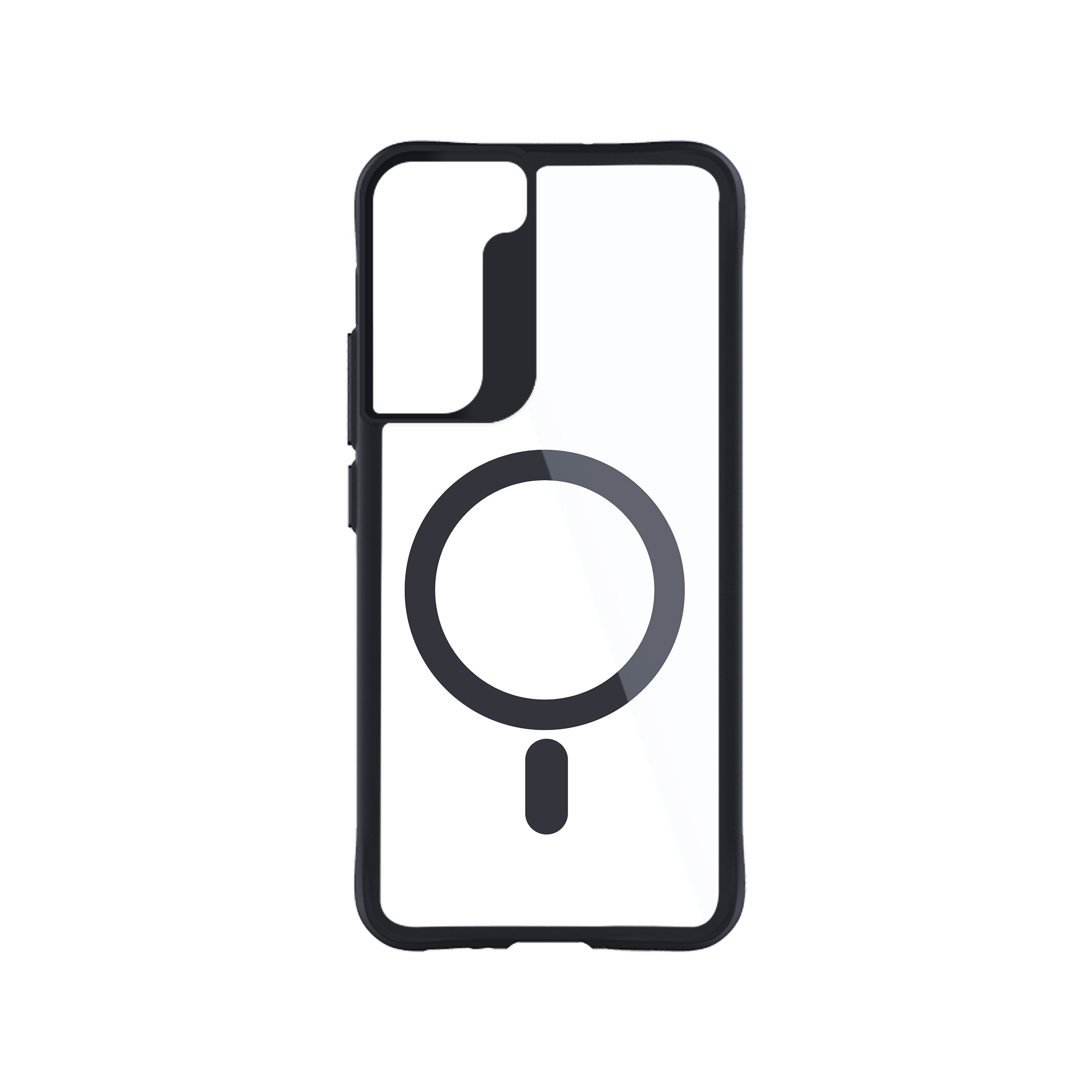 Czarne etui na telefon z przezroczystym tyłem, pierścieniem MagSafe. Widok z tyłu.