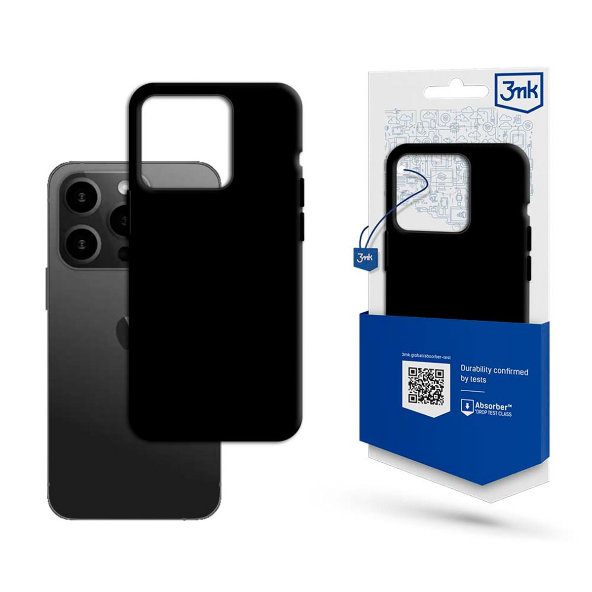Czarny telefon i etui na telefon znajdują się obok opakowania na etui na telefon 3mk.