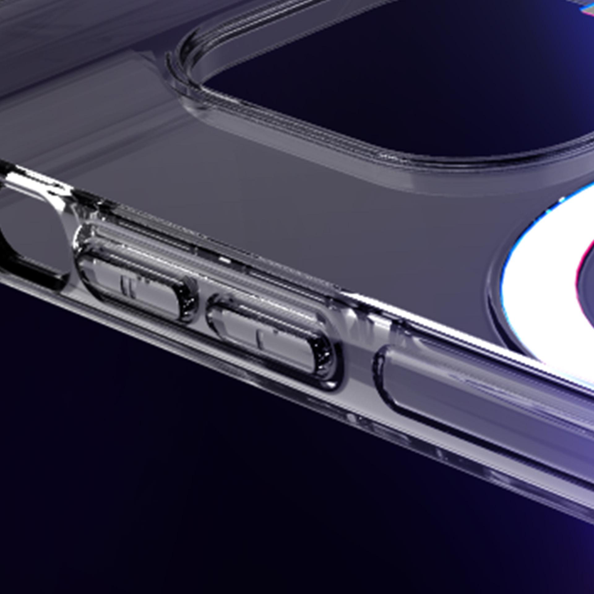 Zbliżenie przezroczystego etui na telefon pokazujące szczegóły przycisków. Minimalistyczny design.
