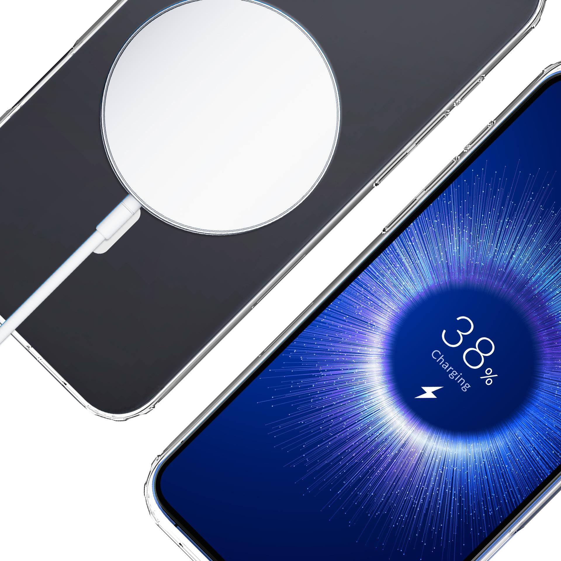 Dwa telefony, jeden ładuje się białą ładowarką bezprzewodową, wyświetlacz pokazuje 38% ładowania.