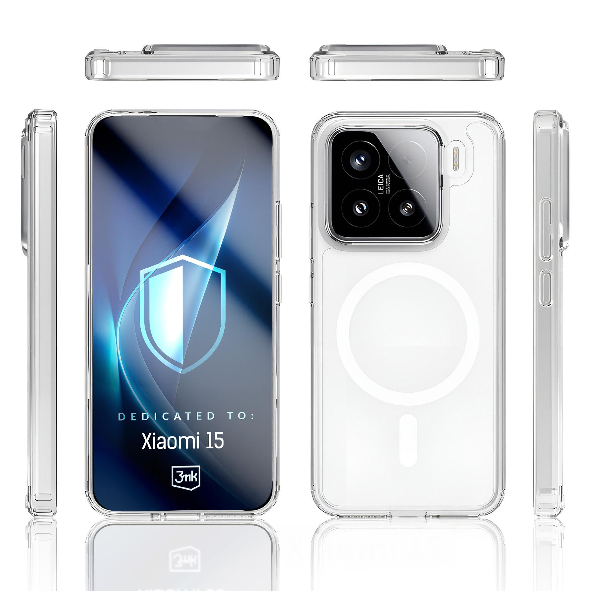 Telefon z etui, widoki z boku i pudełko. Telefon jest czarny z przezroczystym etui. Na pudełku napis 'Xiaomi 15'.
