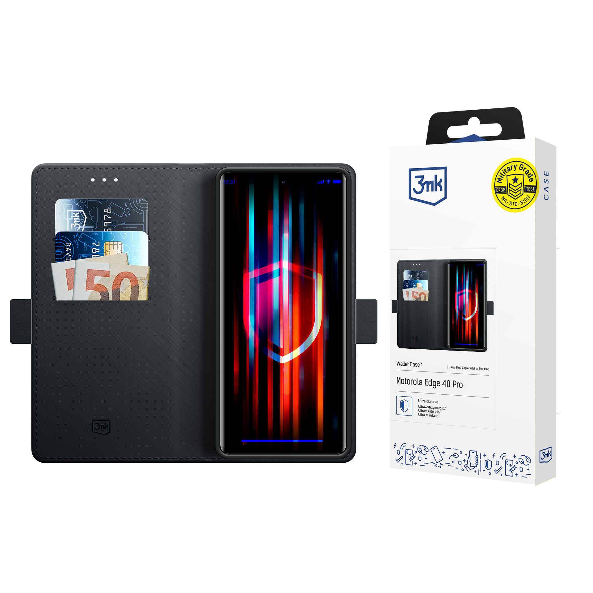 Czarne etui portfelowe Motorola Edge 40 Pro, z przegródkami na karty i opakowaniem. Ochronne i stylowe.