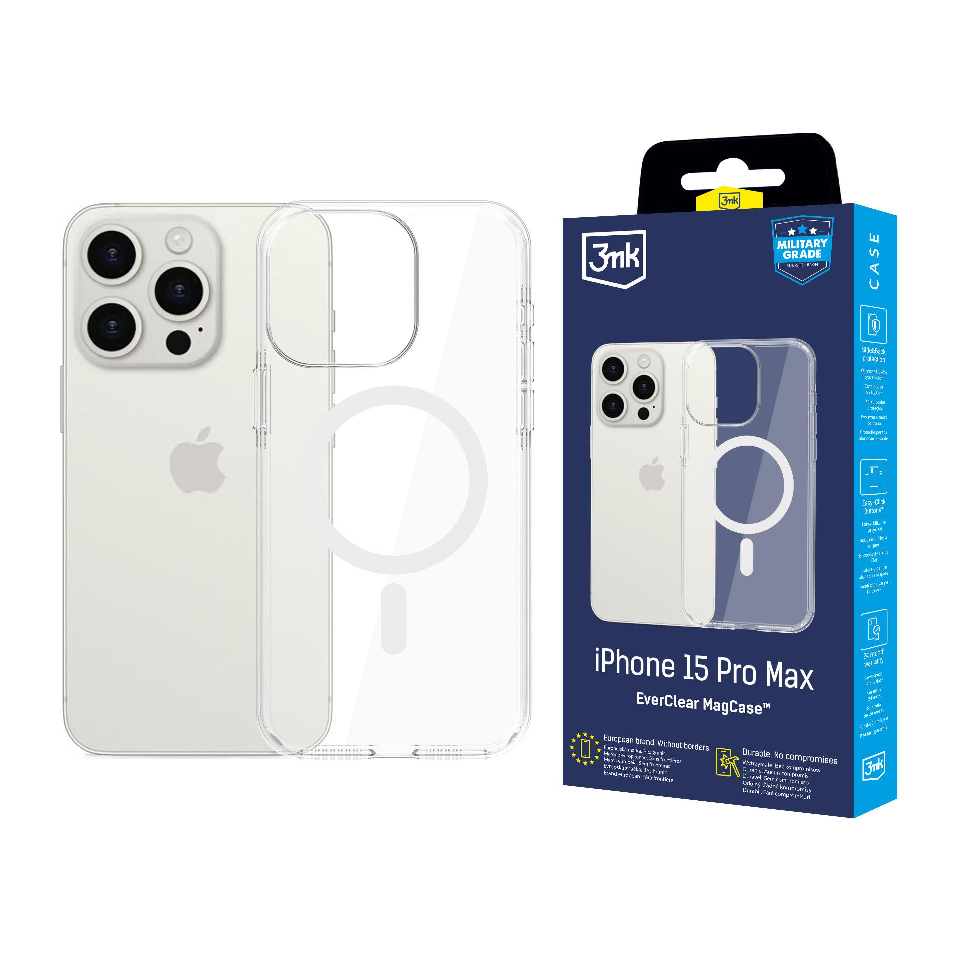 iPhone 15 Pro Max z przezroczystym etui Everclear MagCase i opakowaniem. Trwała, przezroczysta ochrona.