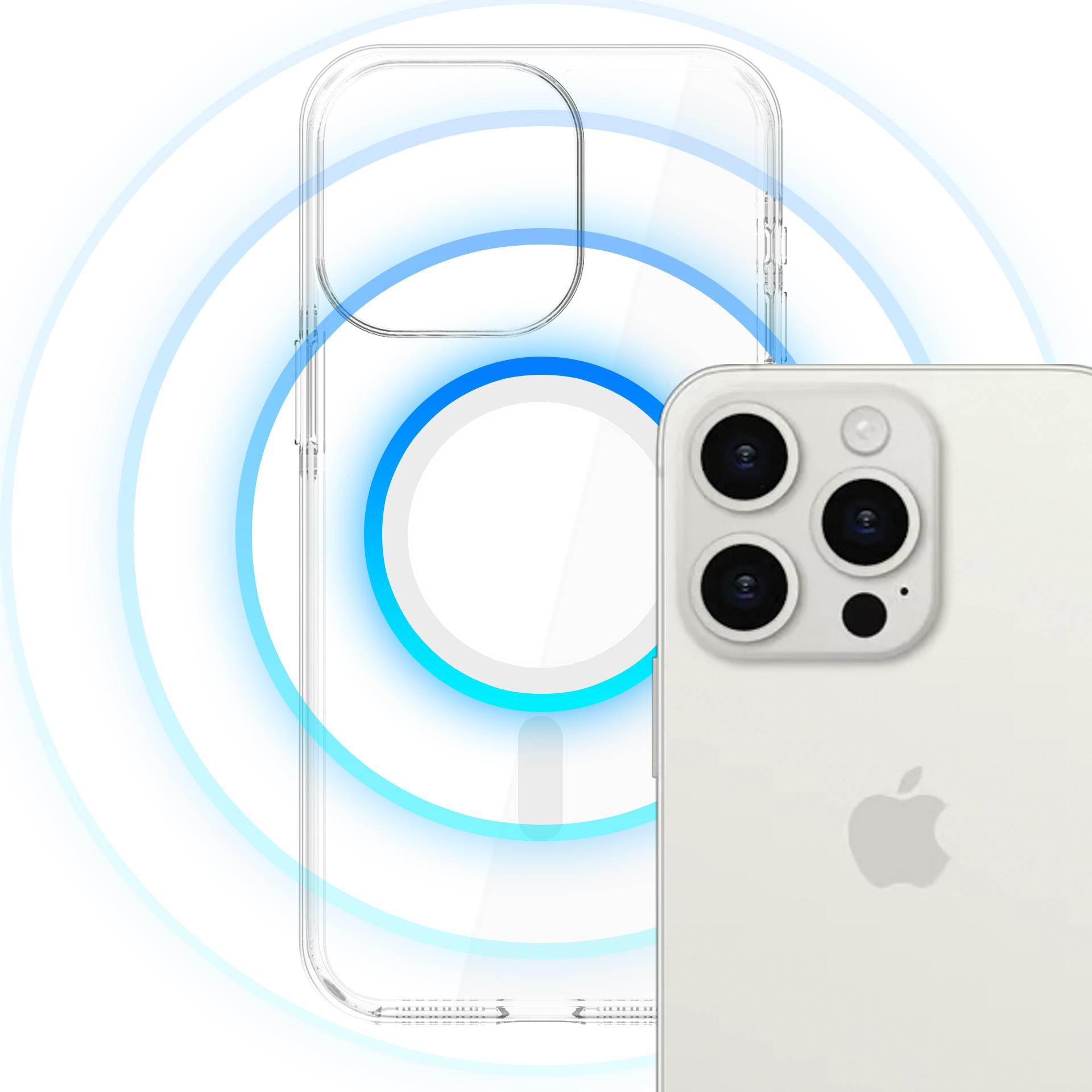 Przezroczyste etui z pierścieniem MagSafe pasującym do aparatu iPhone'a. Bezprzewodowe ładowanie i ochrona.