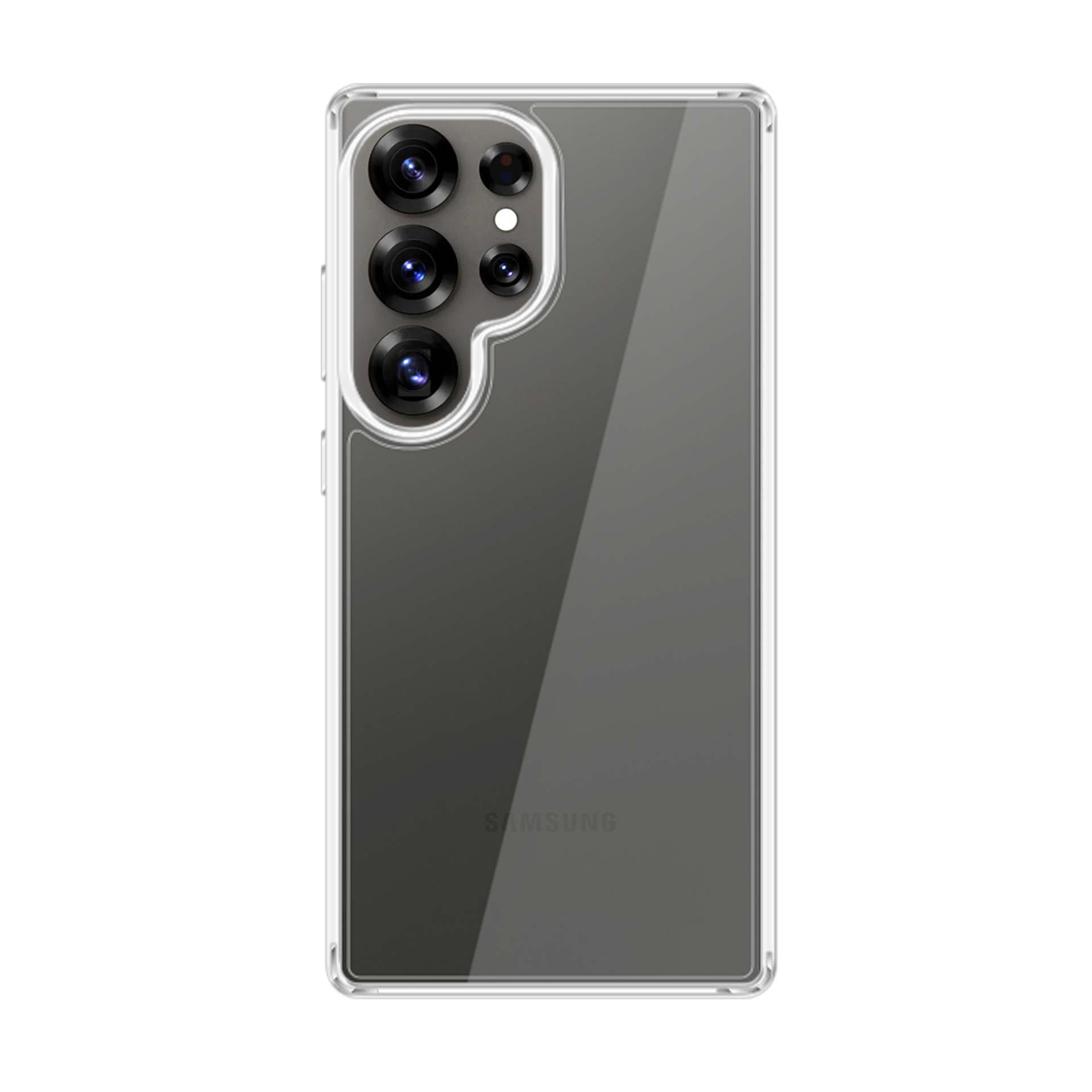 Telefon z przezroczystym etui. Widoczny tył z wieloma kamerami i logo 'SAMSUNG'.