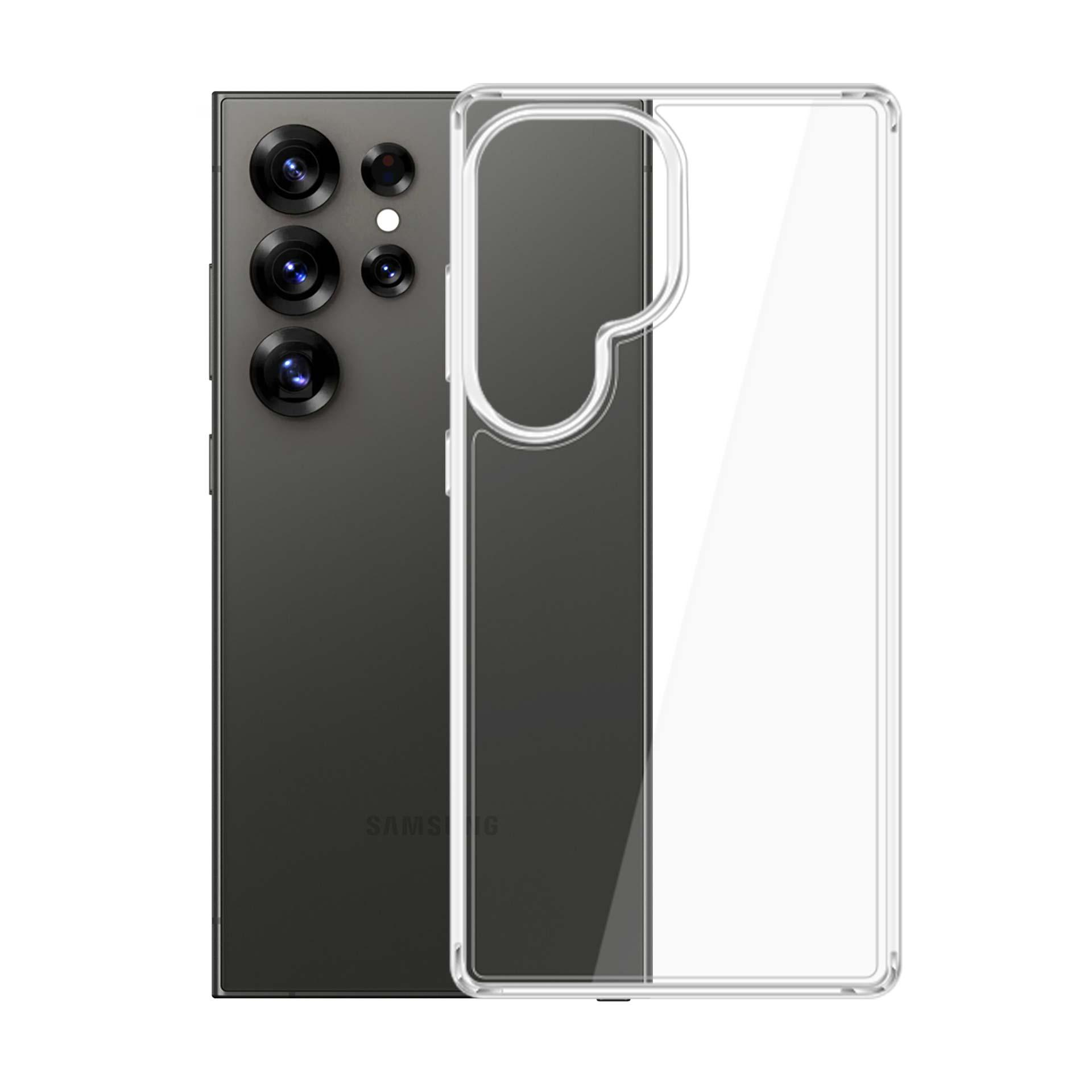 Telefon z przezroczystym etui obok telefonu. Telefon ma wiele kamer i logo 'SAMSUNG'.