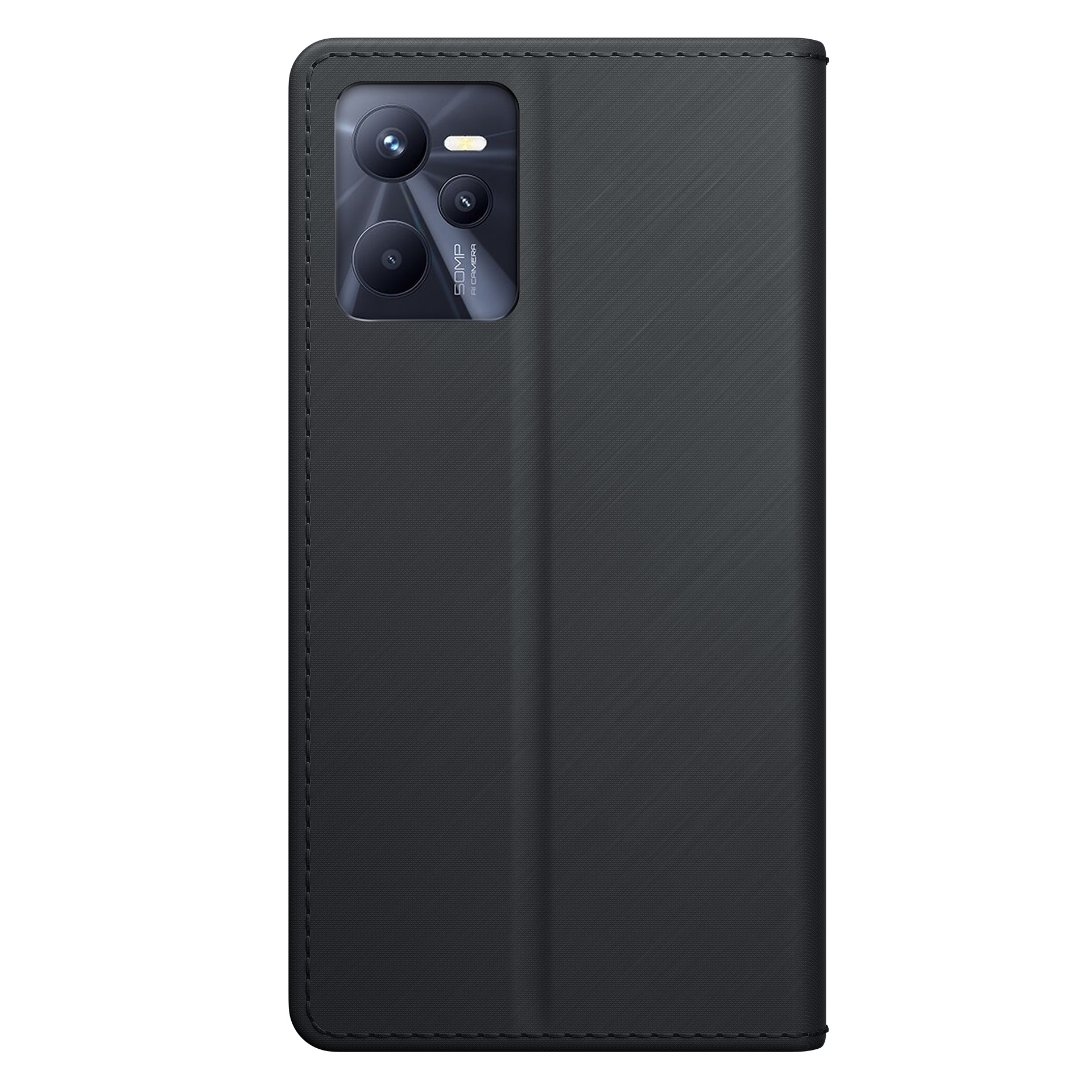 Czarne etui na telefon z otworami na aparat w lewym górnym rogu.