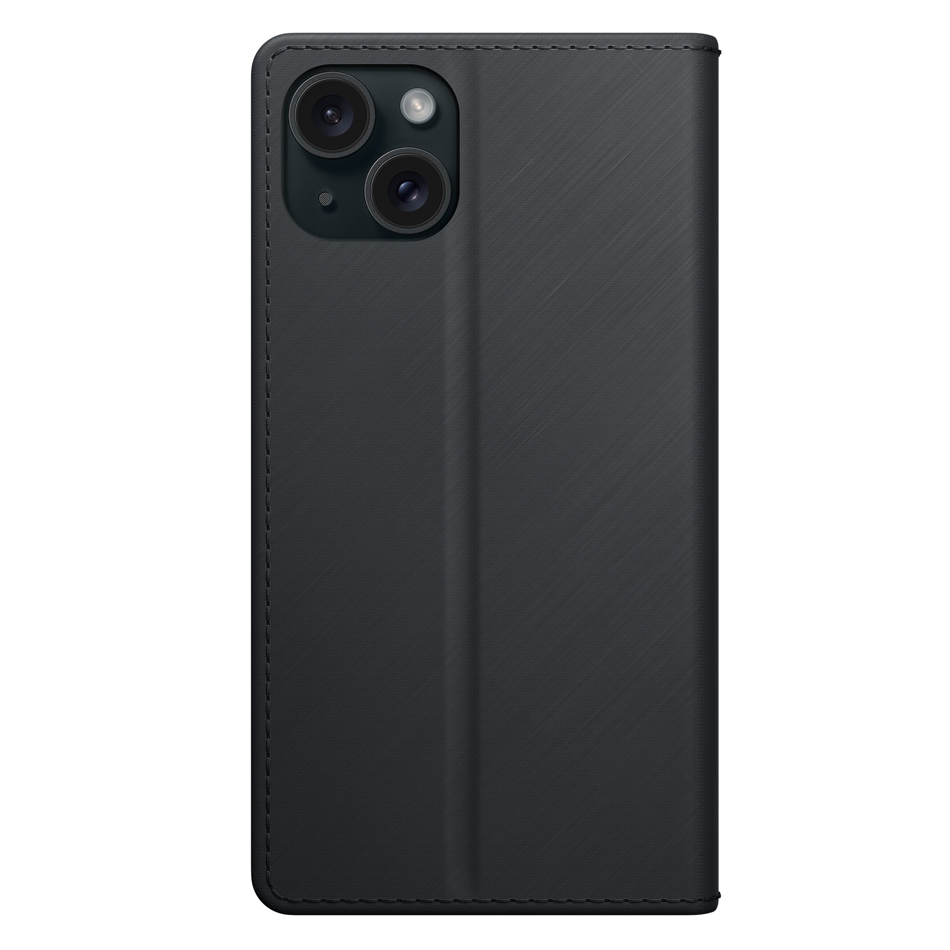 Czarne etui na telefon z otworami na aparat w lewym górnym rogu.