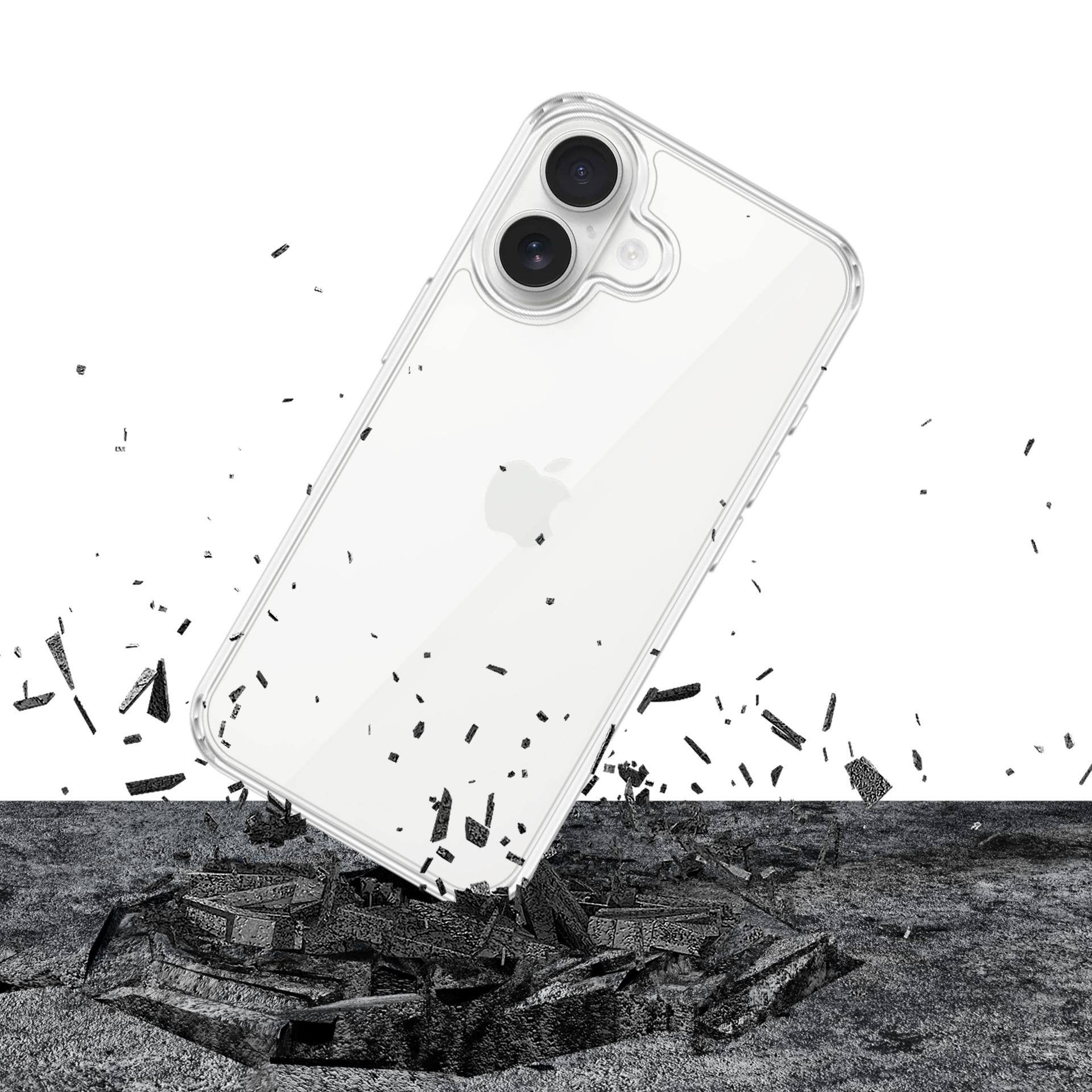 Przezroczyste etui na telefon spadające na szarą powierzchnię z gruzem wokół.