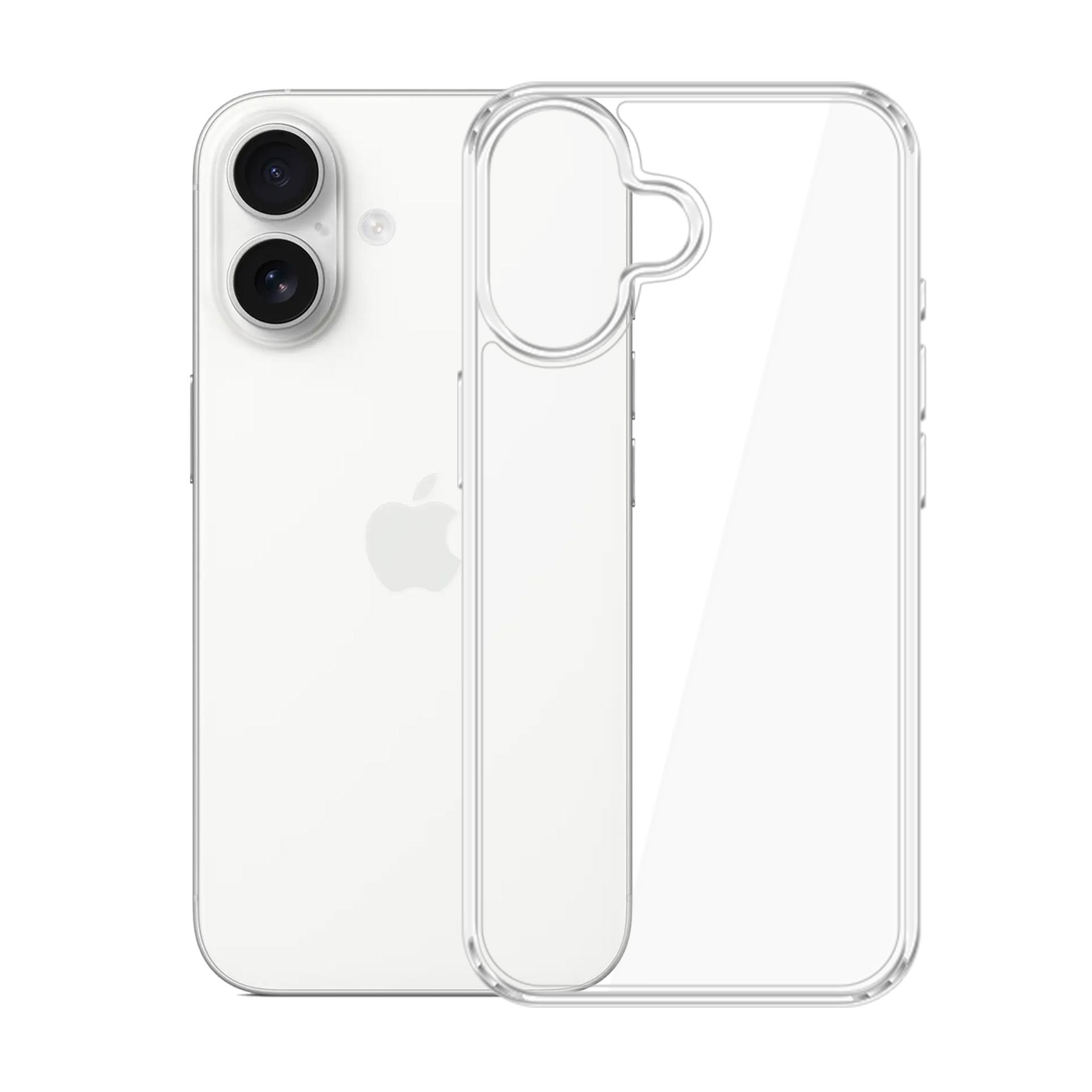 Przezroczyste etui na telefon obok białego telefonu, oba na białym tle.