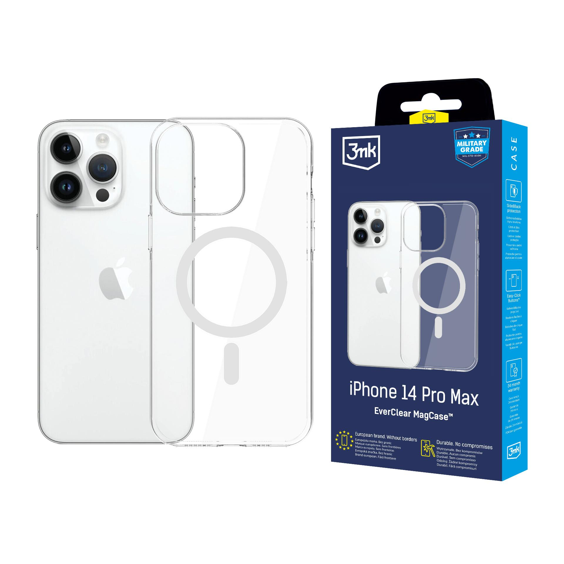 Obraz przedstawia przezroczyste etui iPhone 14 Pro Max z MagSafe, obok pudełka produktu.