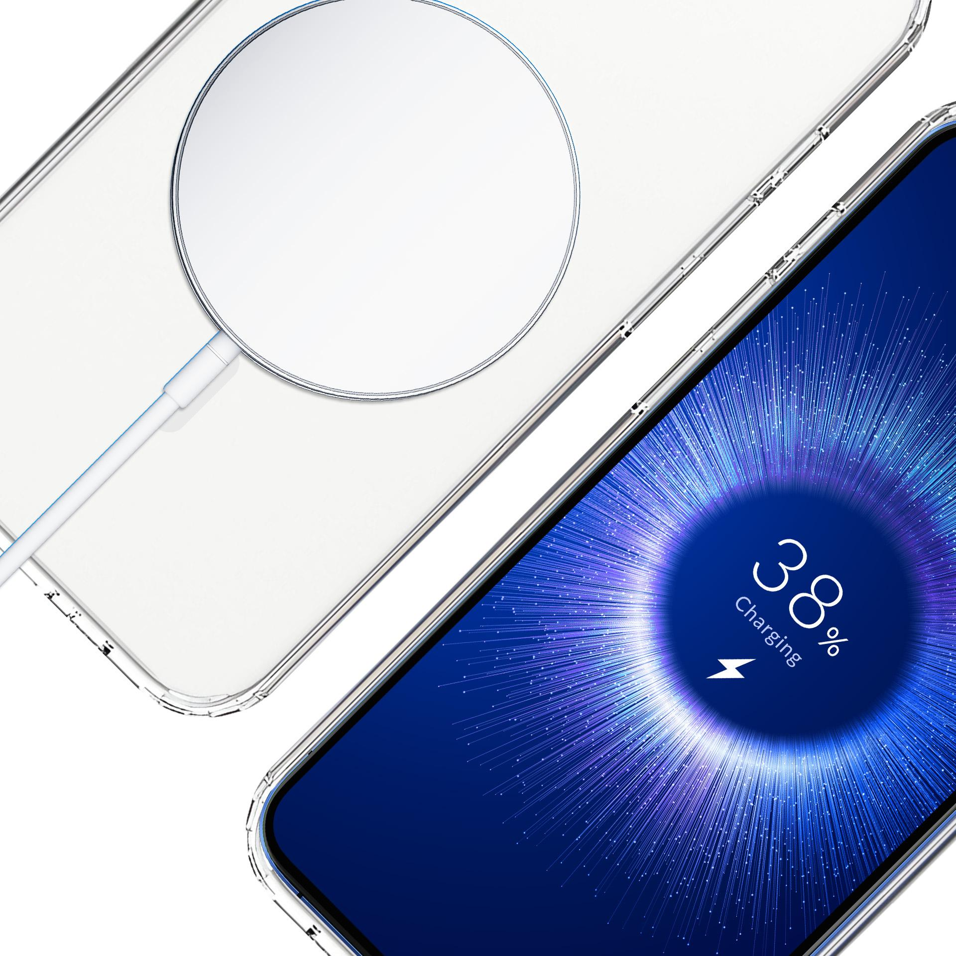 Przezroczyste etui na telefon z MagSafe i ekran telefonu wyświetlający komunikat o ładowaniu.