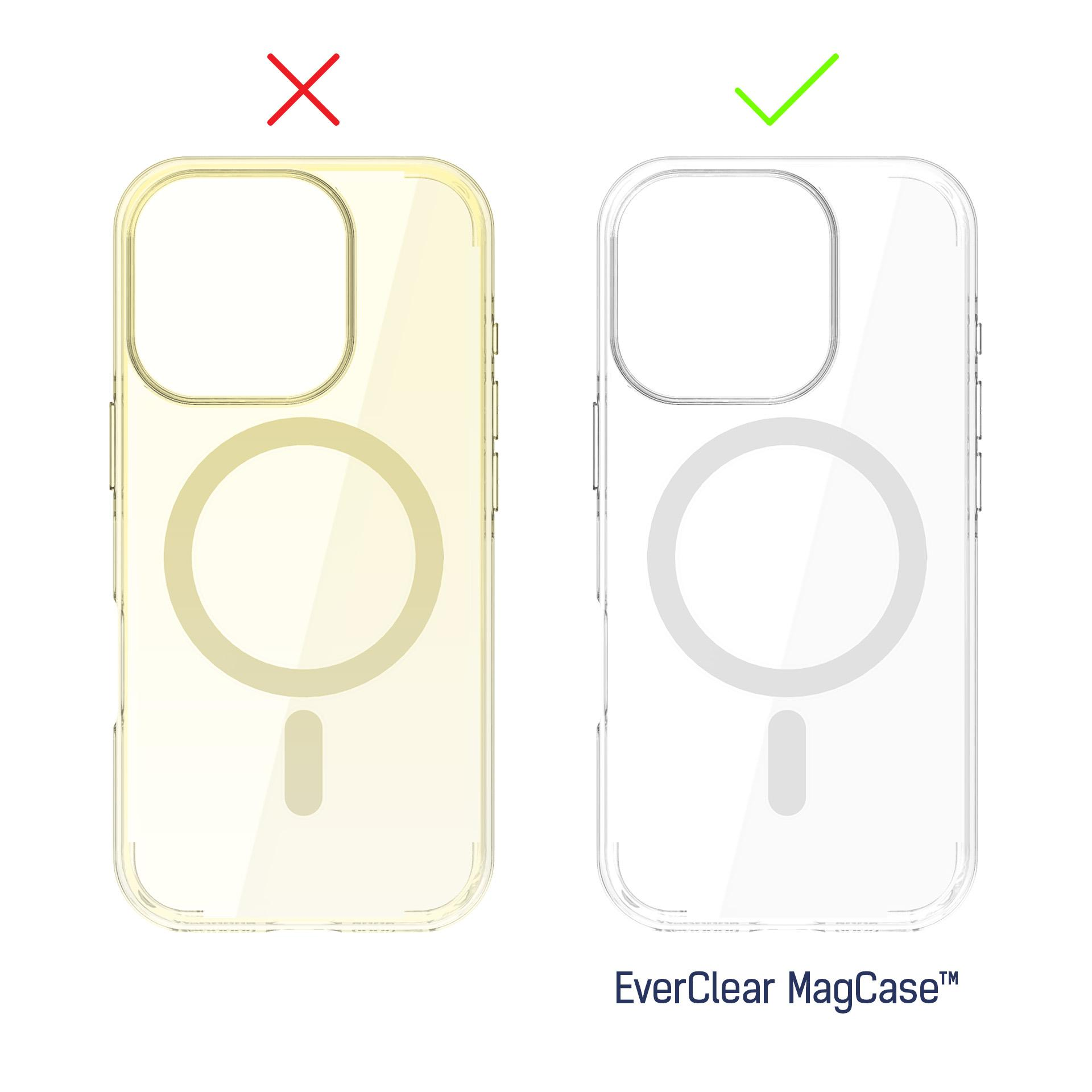 Pokazane są dwa przezroczyste etui na telefon, jedno zażółcone z 'X', a drugie przezroczyste z haczykiem.