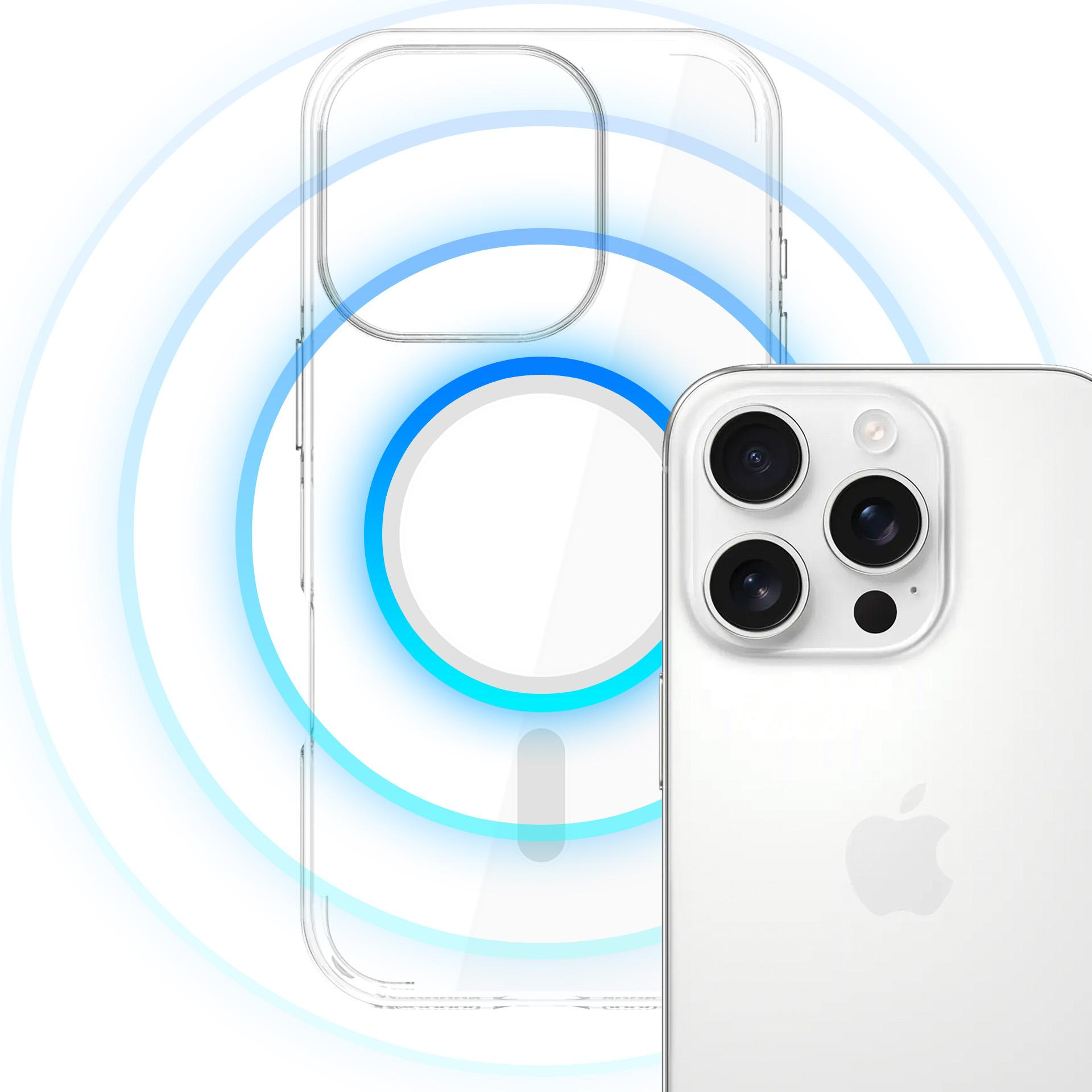 Przezroczyste etui na telefon z niebieskimi okręgami znajduje się obok białego telefonu z trzema tylnymi kamerami.