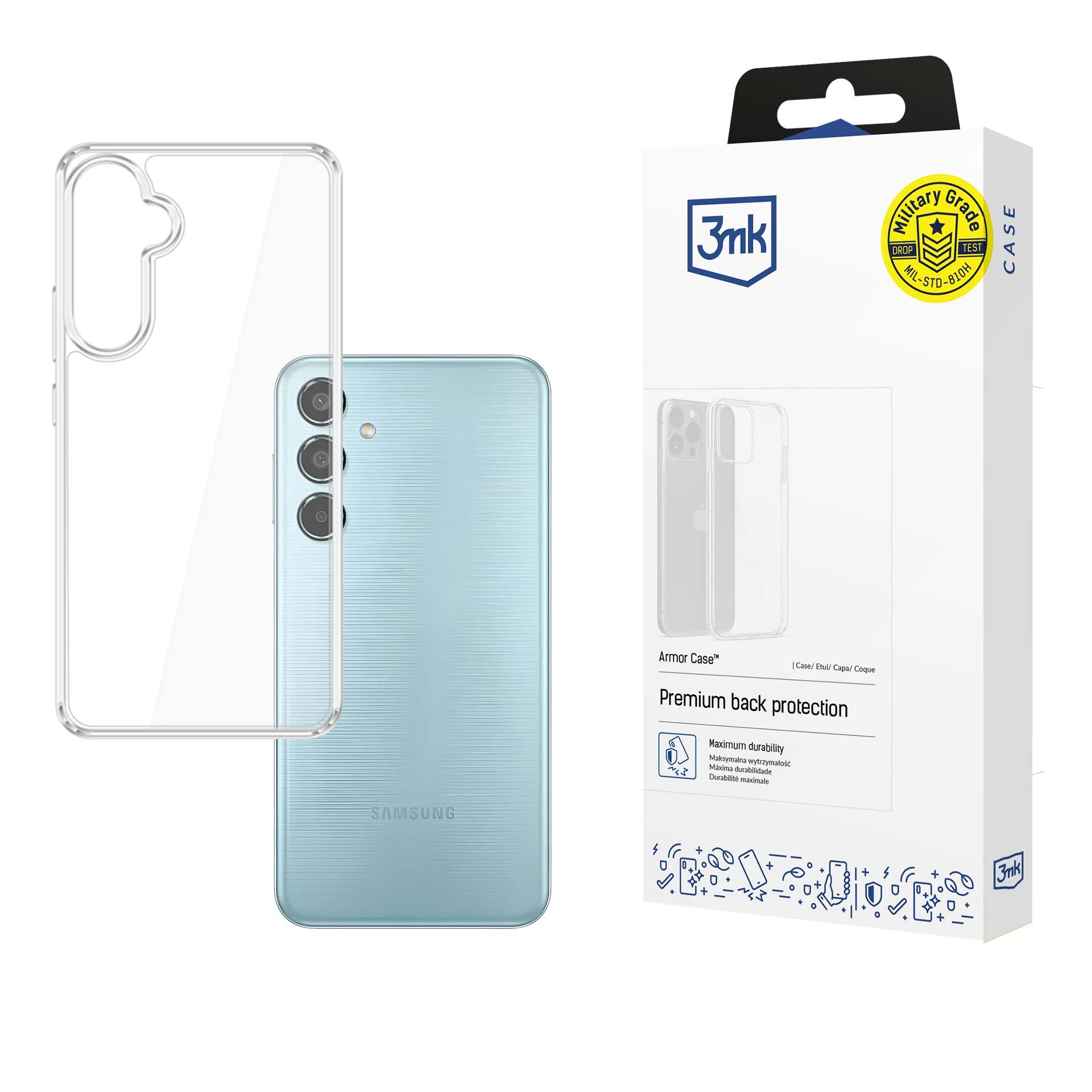 Jasnoniebieski telefon Samsung z przezroczystym etui i pudełkiem na etui 3mk.