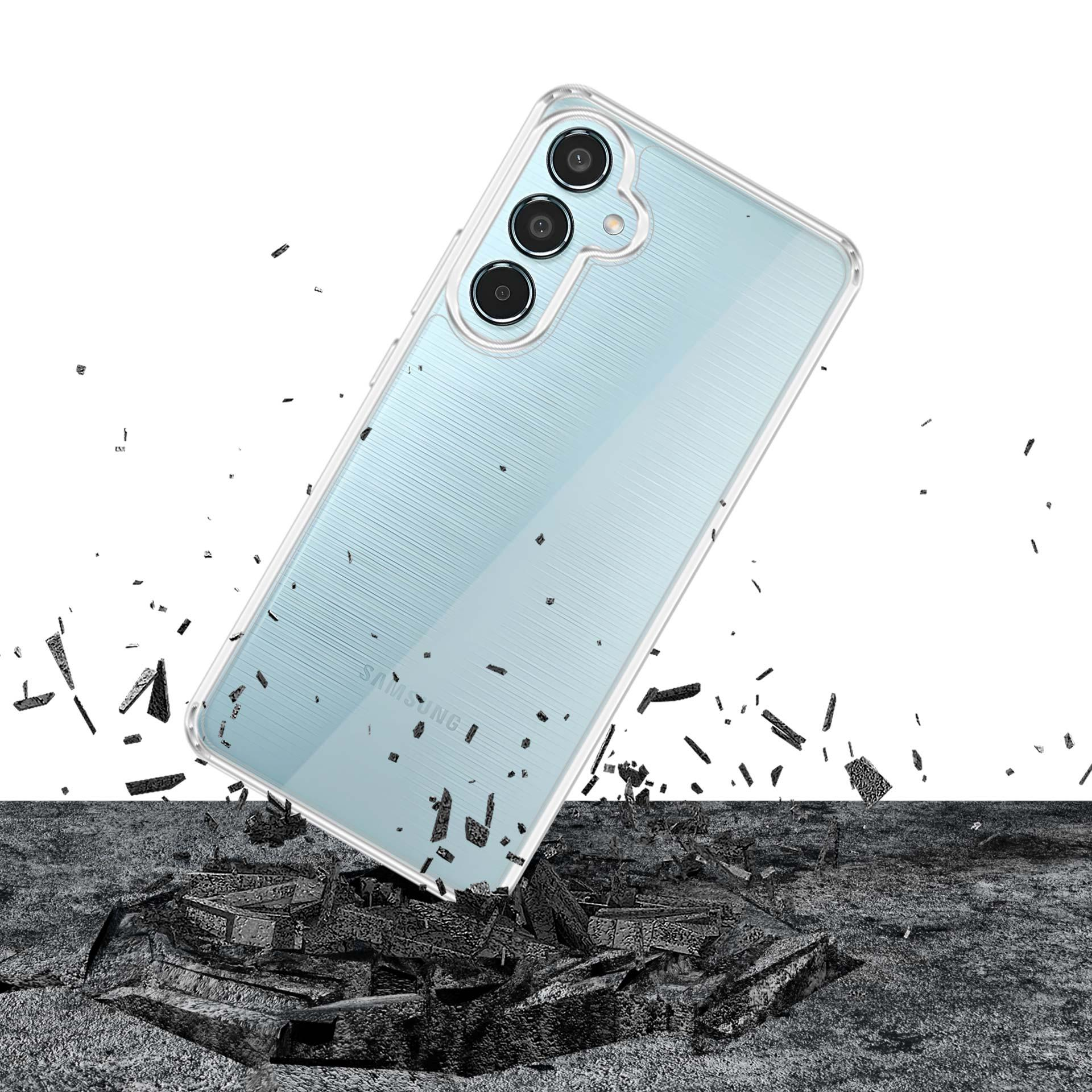 Jasnoniebieski telefon Samsung w przezroczystym etui spadający na skały.