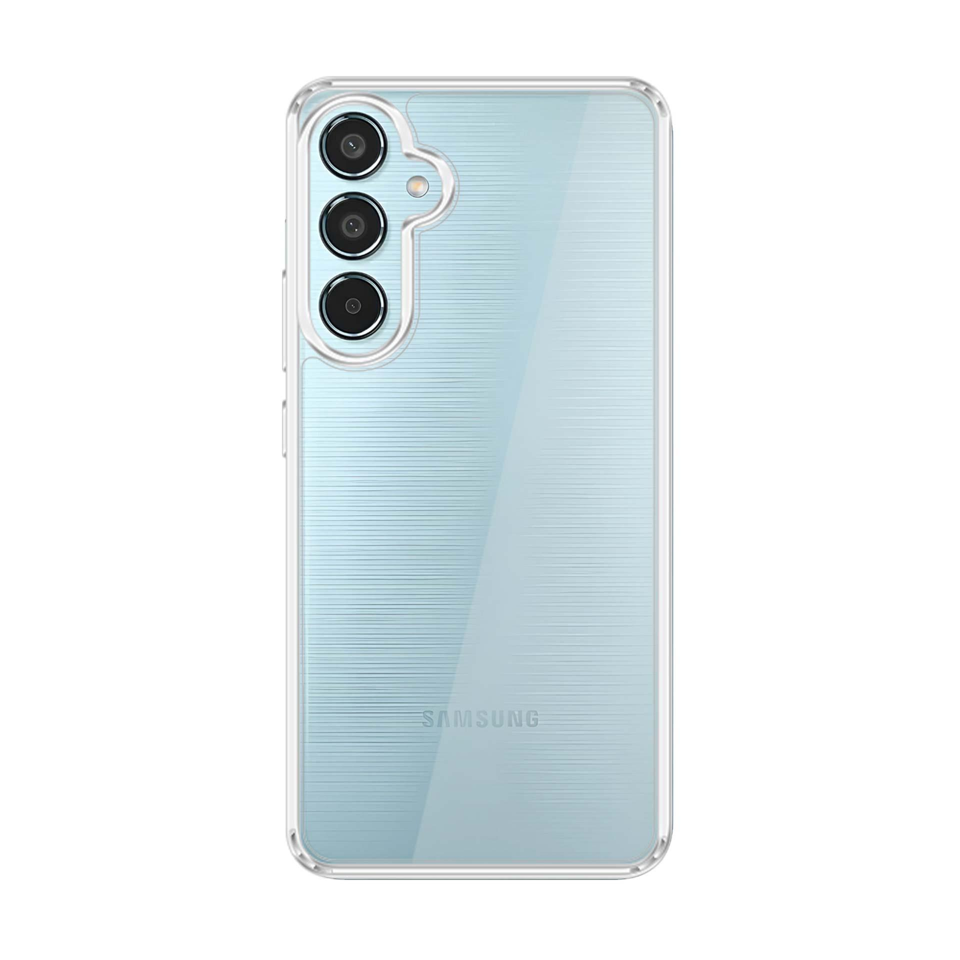 Jasnoniebieski telefon Samsung w przezroczystym etui.