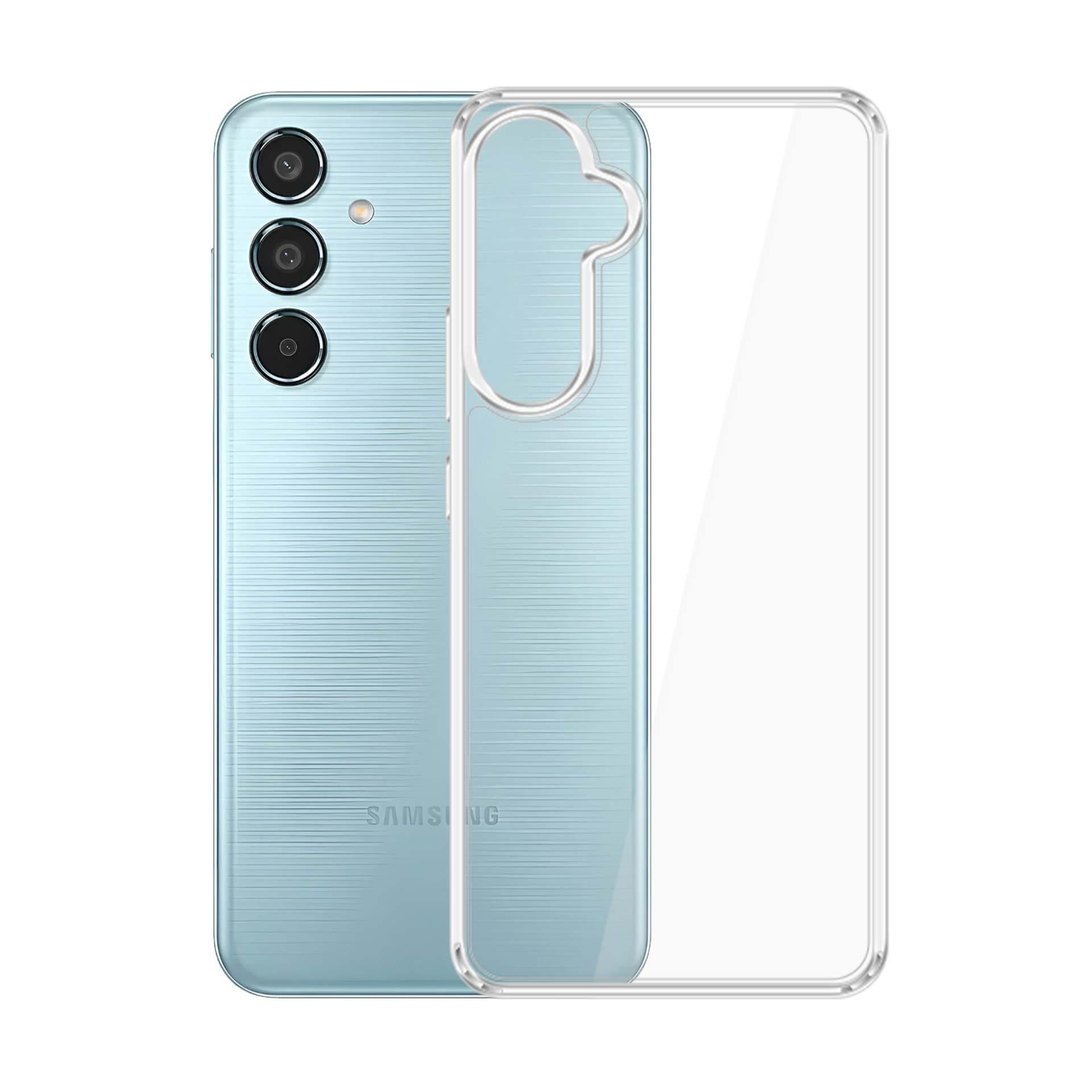 Jasnoniebieski telefon Samsung z przezroczystym etui.