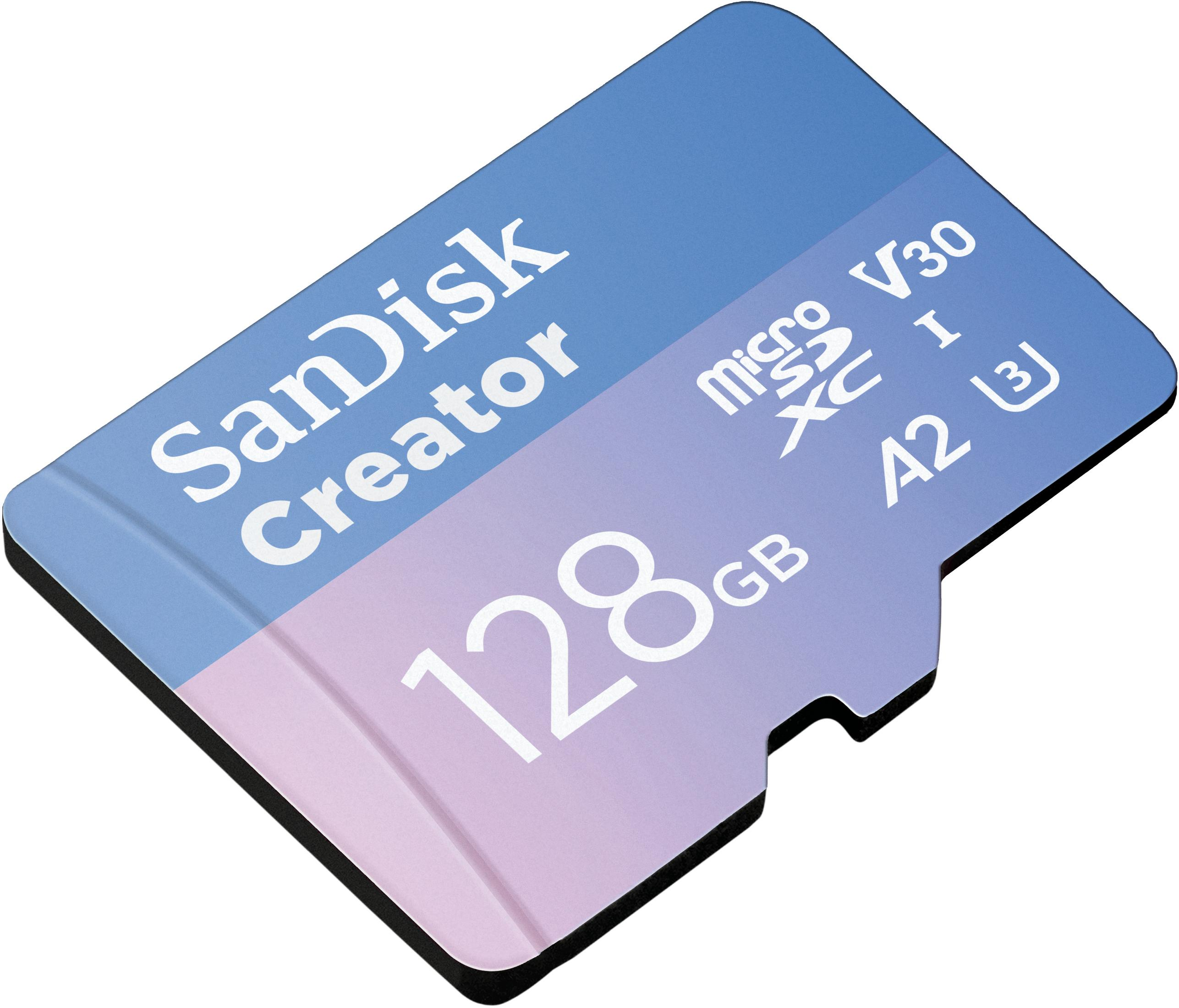 SanDisk Creator microSD-Karte. Es zeigt '128 GB' und Geschwindigkeitsbewertungen. Für die Erstellung von Inhalten konzipiert.