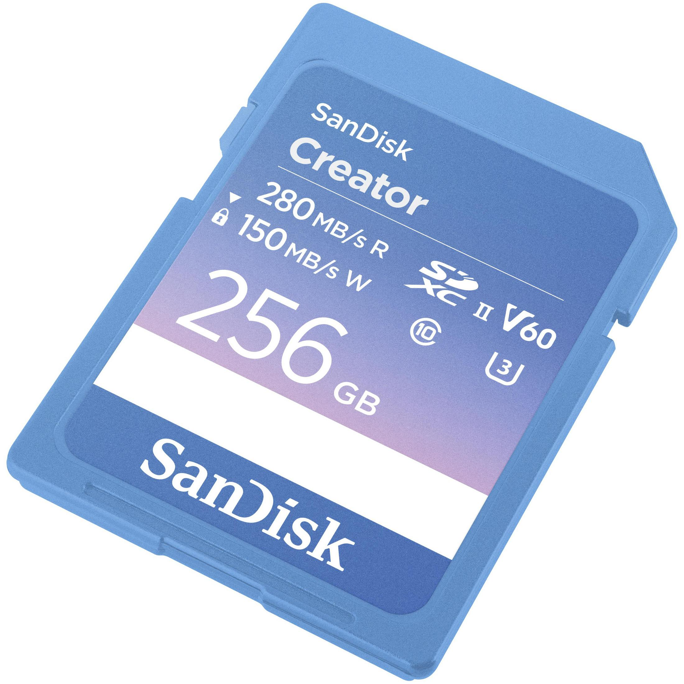 Eine blaue 256GB SanDisk Creator SD-Karte mit weißem Text auf weißem Hintergrund.