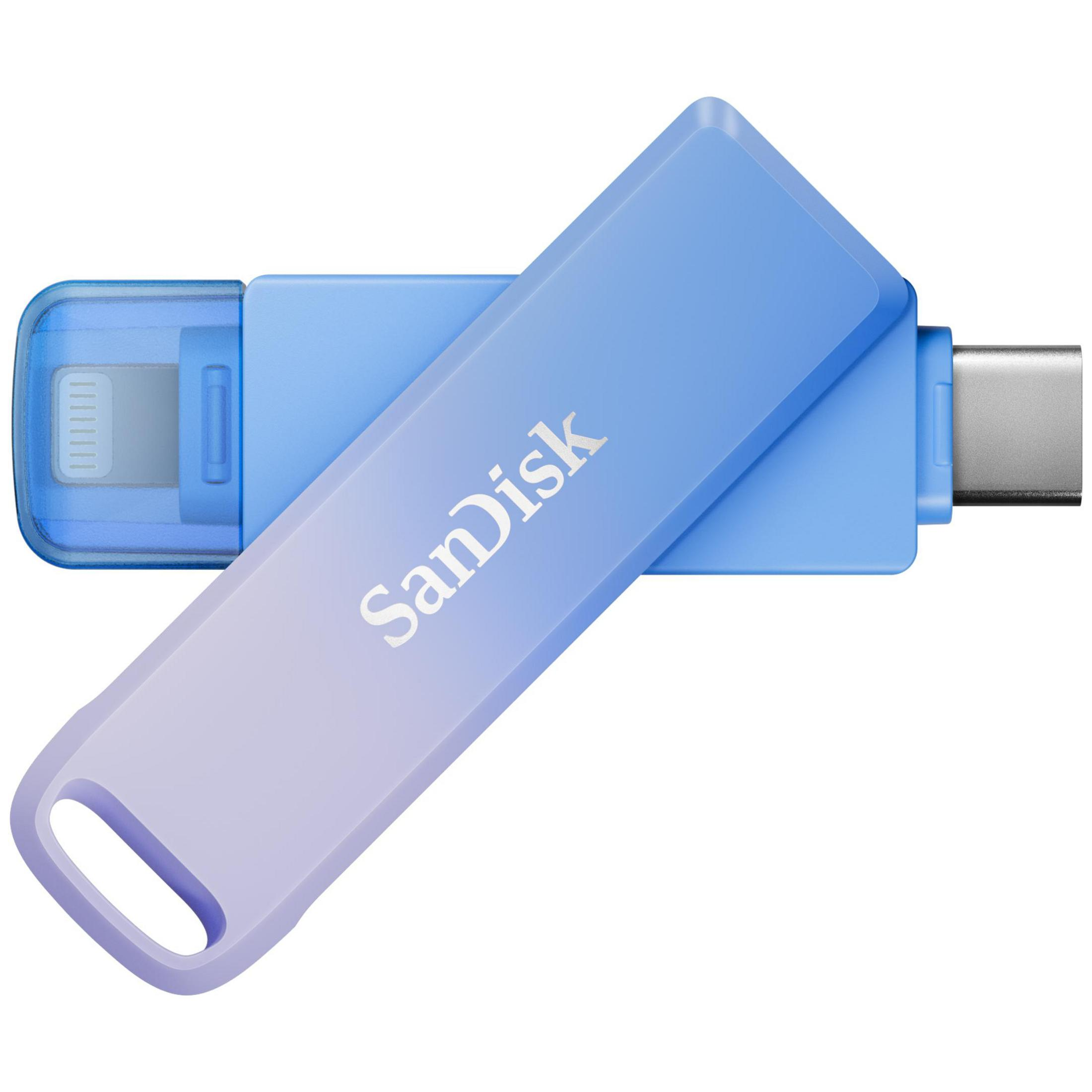 Obraz przedstawia dwutonowy niebieski pendrive SanDisk ze złączami Lightning i USB-C.