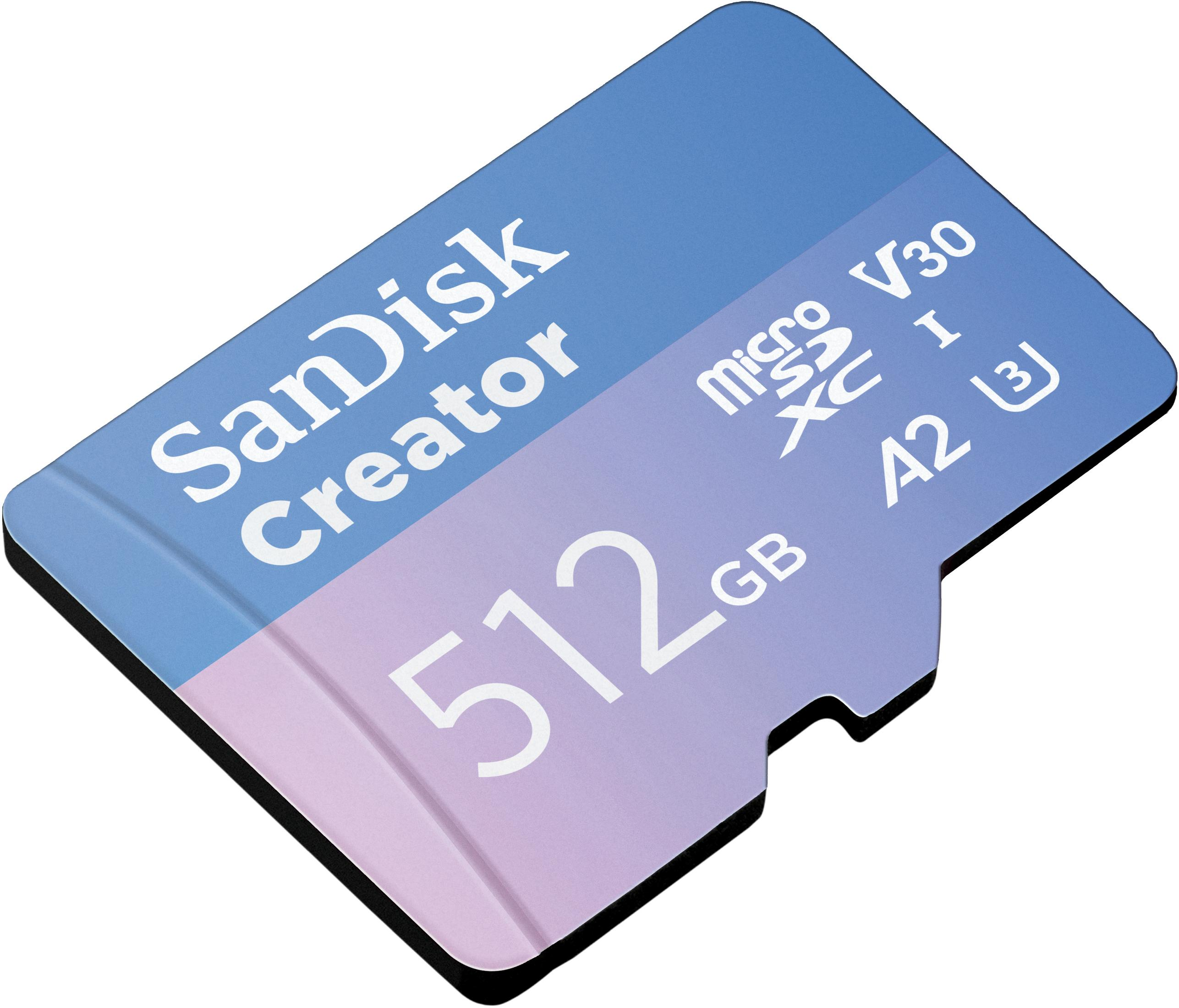 Eine blau-violette SanDisk Creator microSD-Karte mit 512 GB Kapazität. Sie ist abgewinkelt und auf weißem Hintergrund.