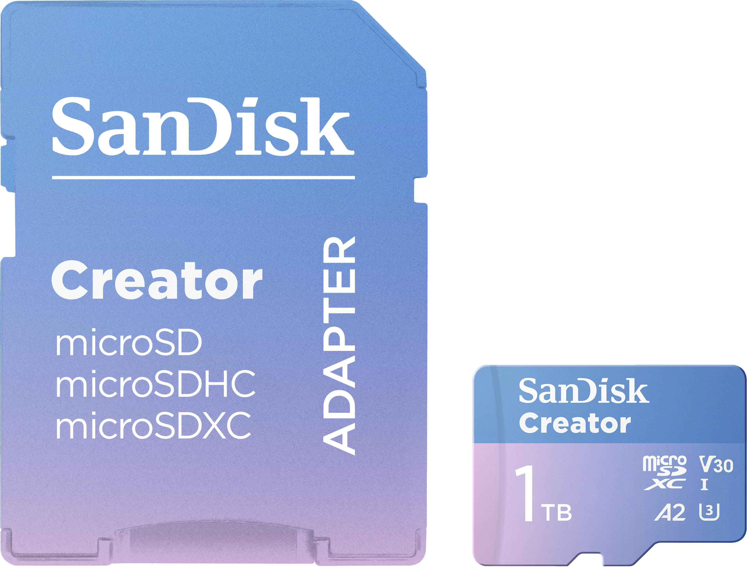 SanDisk Creator microSD-Karte und Adapter, die technische Daten in blauen und violetten Farbverläufen anzeigen.