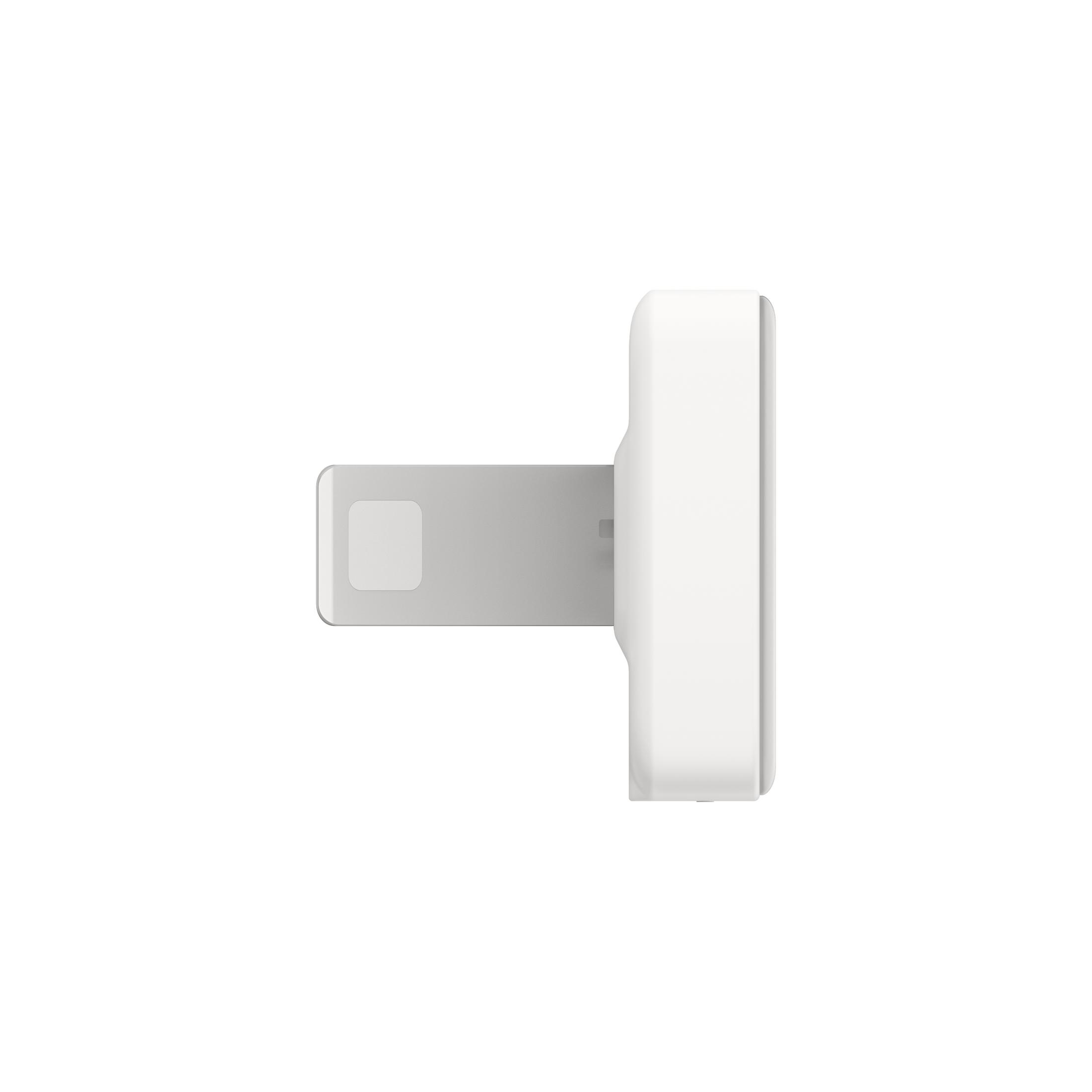 Ein weißer USB-C-Anschluss mit einem kleinen rechteckigen Stecker, der an einem weißen rechteckigen Körper befestigt ist.