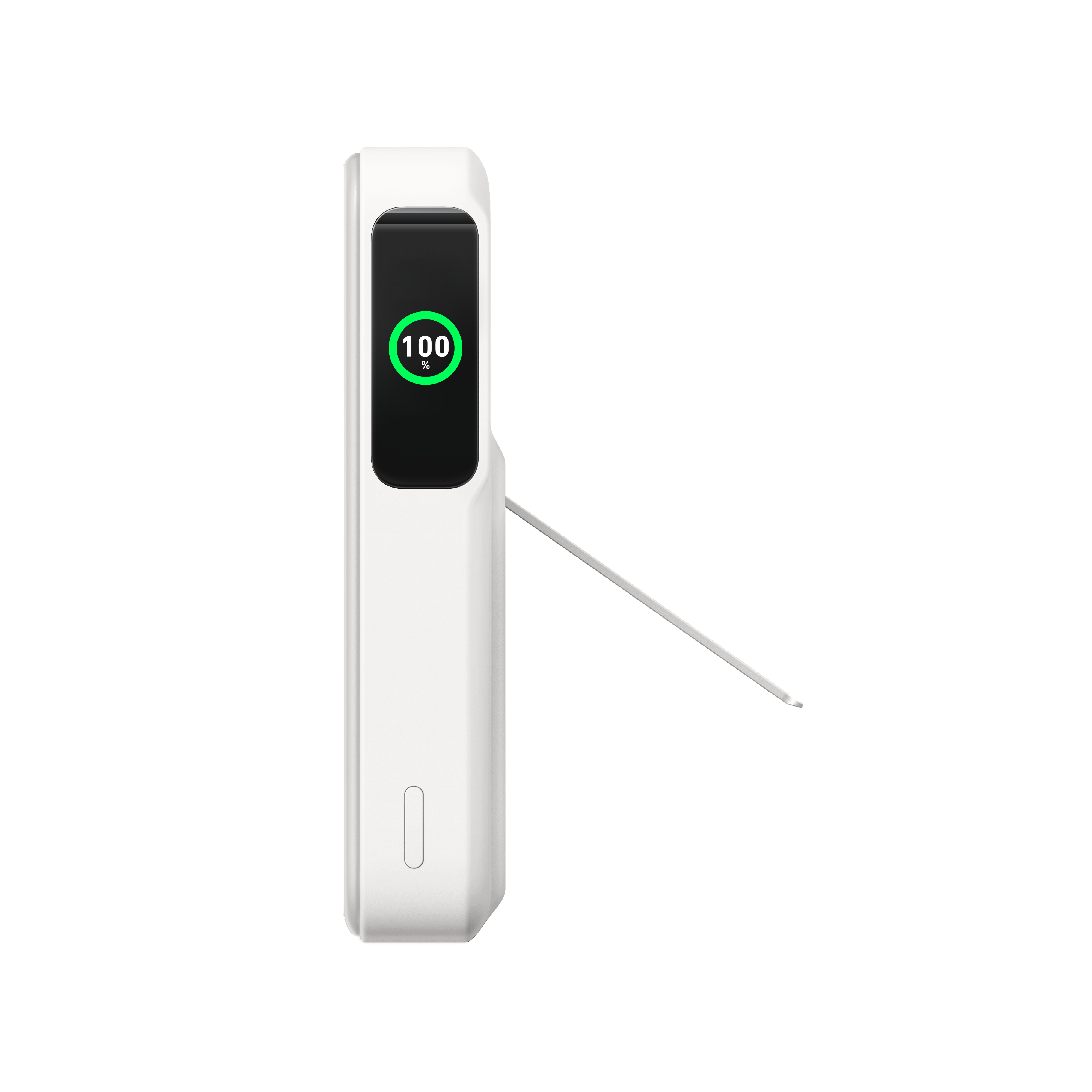 Eine weiße Powerbank mit Anzeige, die 100 % Ladung anzeigt, und einem angebrachten Ständer.