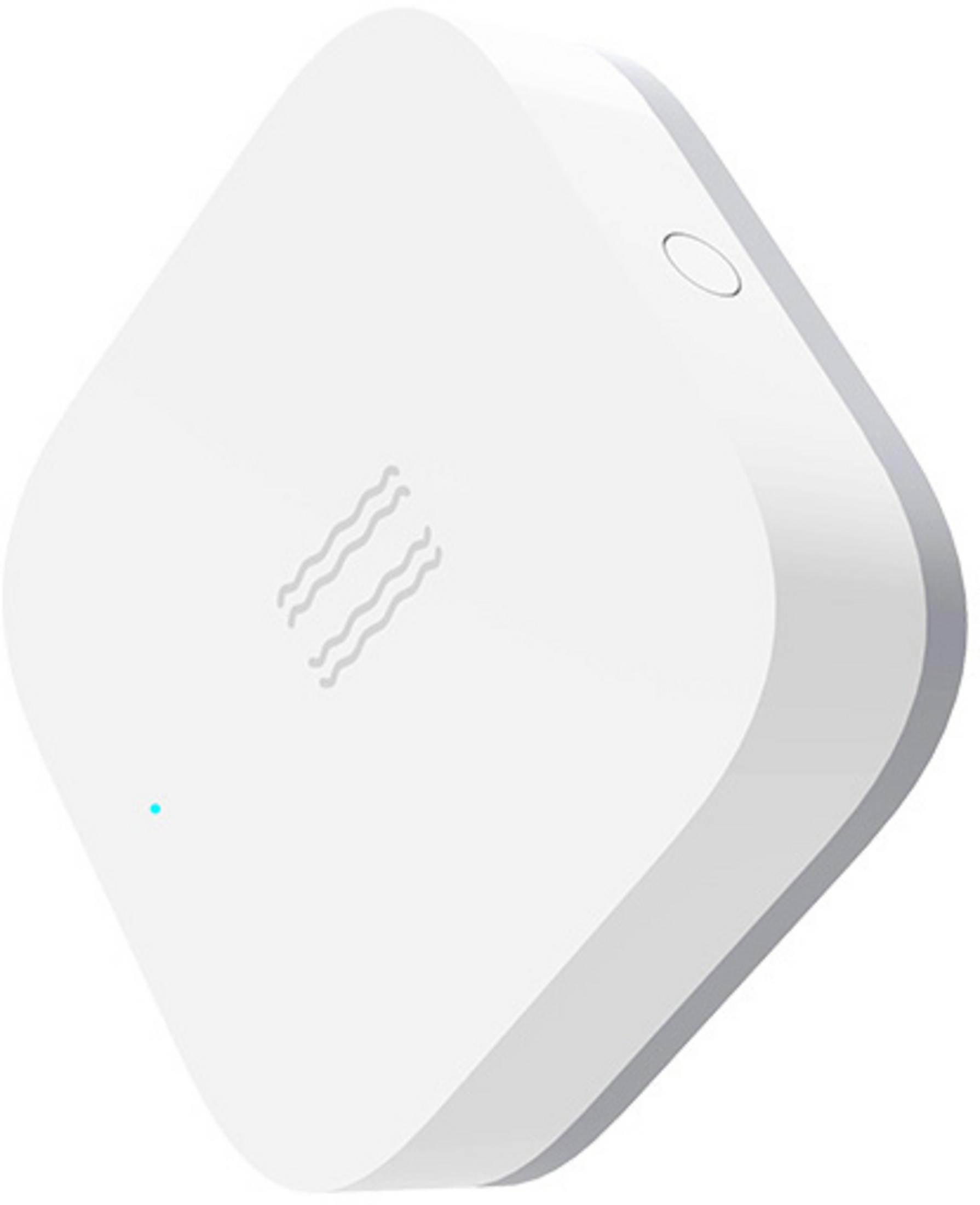 Ein weißes Smart-Home-Gerät mit abgerundeten Ecken, einem kleinen blauen Licht und einer Taste in der oberen rechten Ecke.